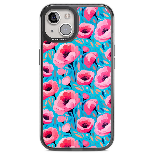 Tropical Pink Poppies Black Impact Phone Case for iPhone 13, iPhone 14, iPhone 15