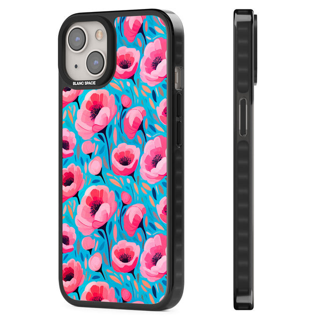 Tropical Pink Poppies Black Impact Phone Case for iPhone 13, iPhone 14, iPhone 15