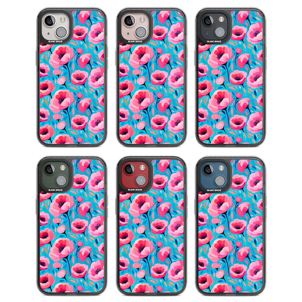 Tropical Pink Poppies Black Impact Phone Case for iPhone 13, iPhone 14, iPhone 15