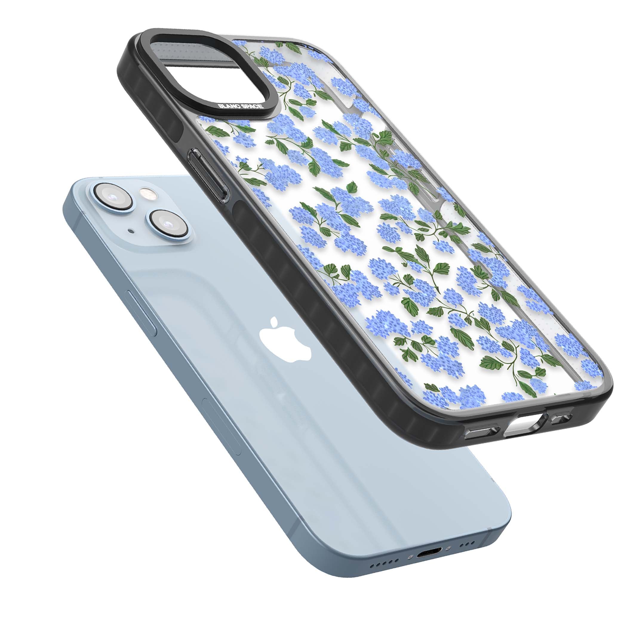 Hydrangea Dreams cottagecore iPhone case featuring soft blue hydrangea flower clusters and green leaves | Black Impact case for iPhone 13, iPhone 14, iPhone 15