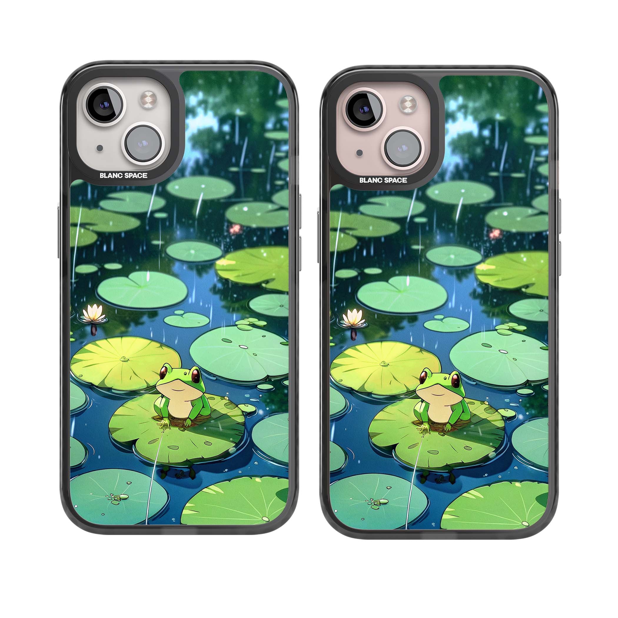 Frog In Lily Pond cottagecore iPhone case featuring a cute green frog on a lily pad with falling rain and a lotus flower | Black Impact case for iPhone 13, iPhone 14, iPhone 15