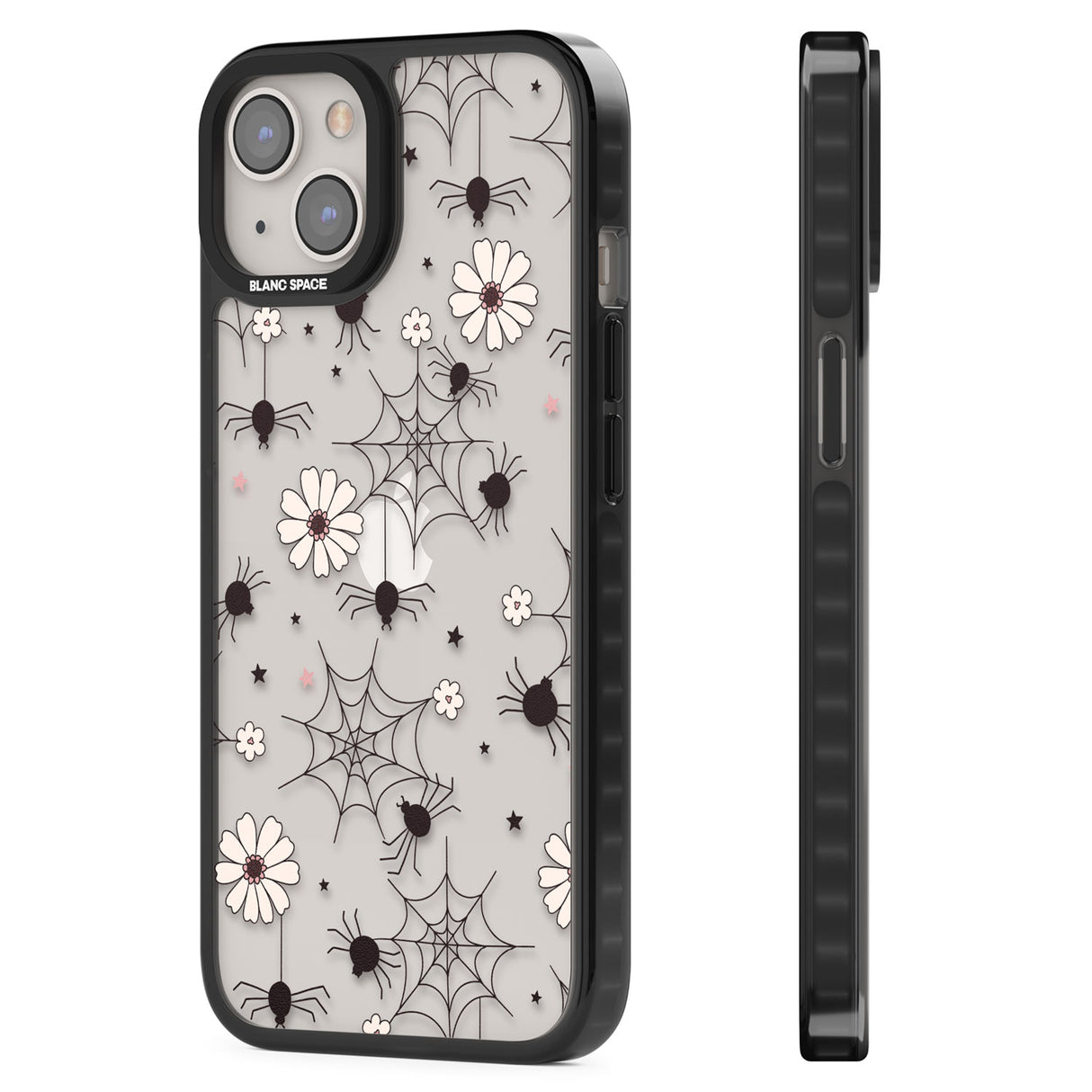 Spiders and Flowers Pattern Black Impact Phone Case for iPhone 13, iPhone 14, iPhone 15