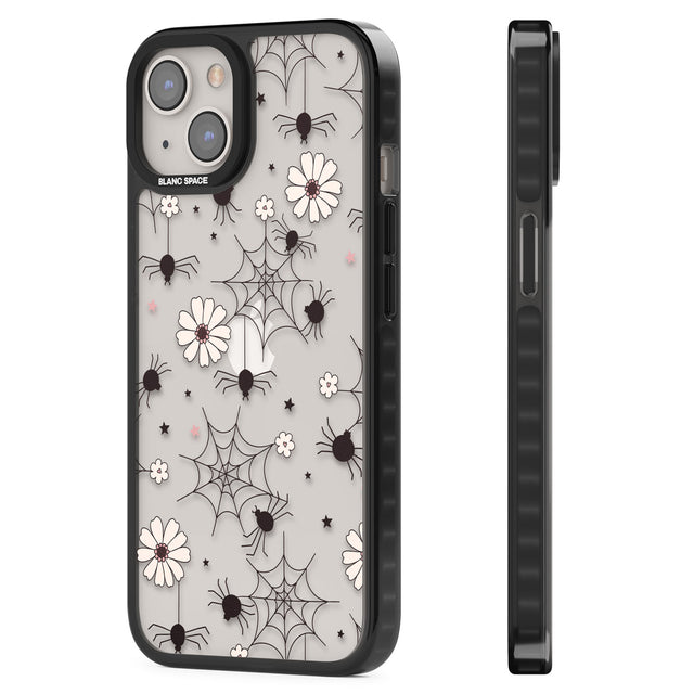 Spiders and Flowers Pattern Black Impact Phone Case for iPhone 13, iPhone 14, iPhone 15