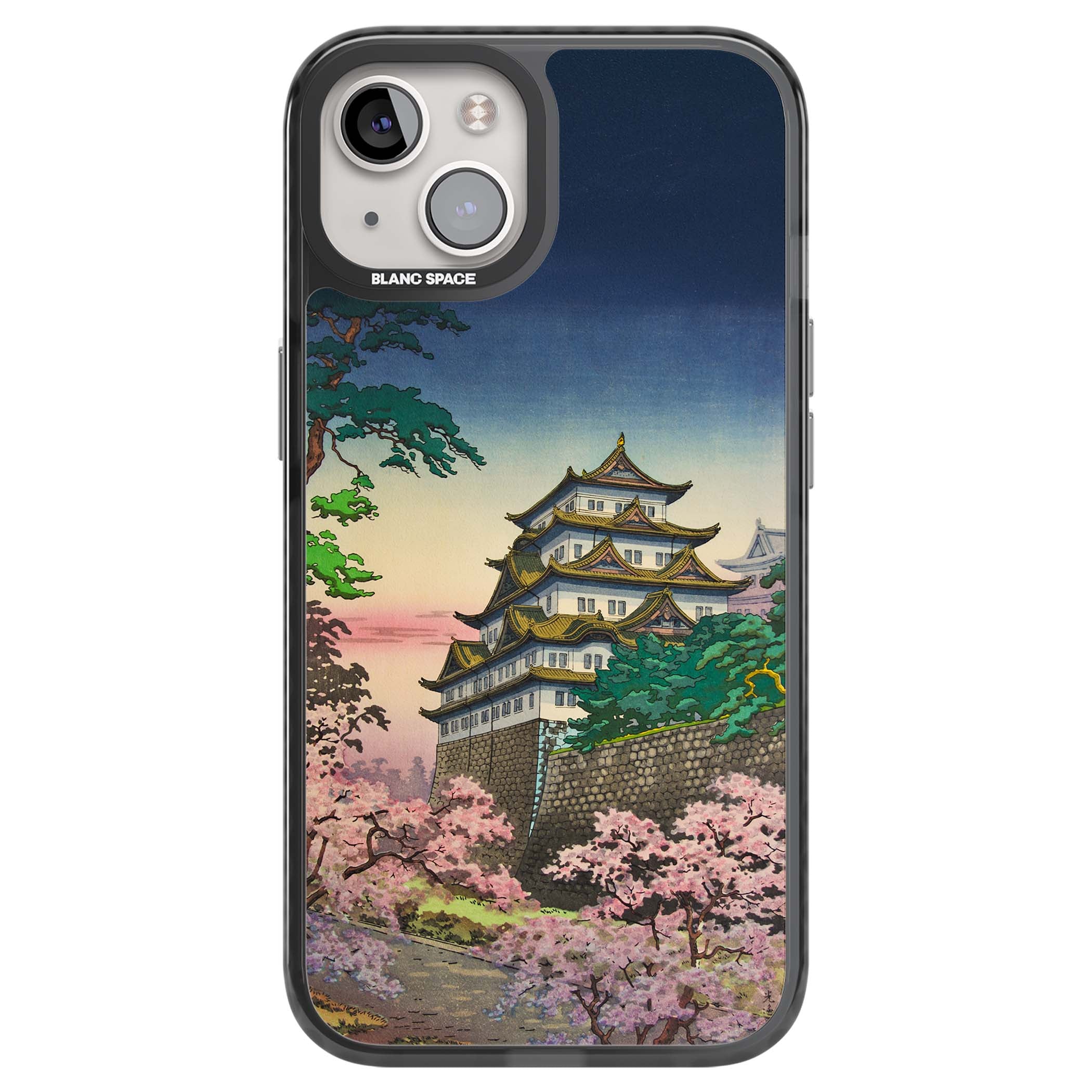 Nagoya Castle Japanese iPhone case featuring a vintage pagoda, twilight sky and cherry blossom trees | Black Impact case for iPhone 13, iPhone 14, iPhone 15
