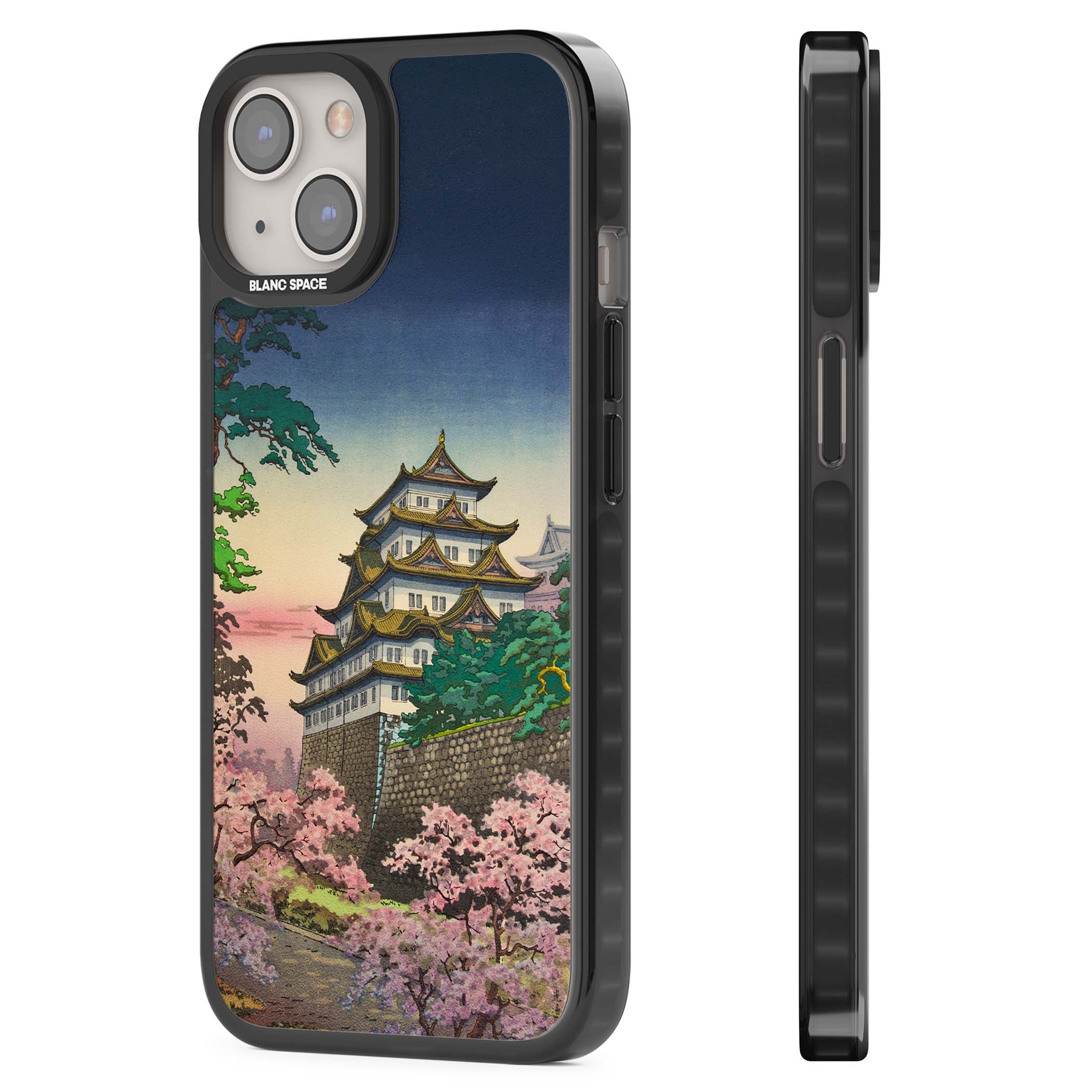 Nagoya Castle Japanese iPhone case featuring a vintage pagoda, twilight sky and cherry blossom trees | Black Impact case for iPhone 13, iPhone 14, iPhone 15