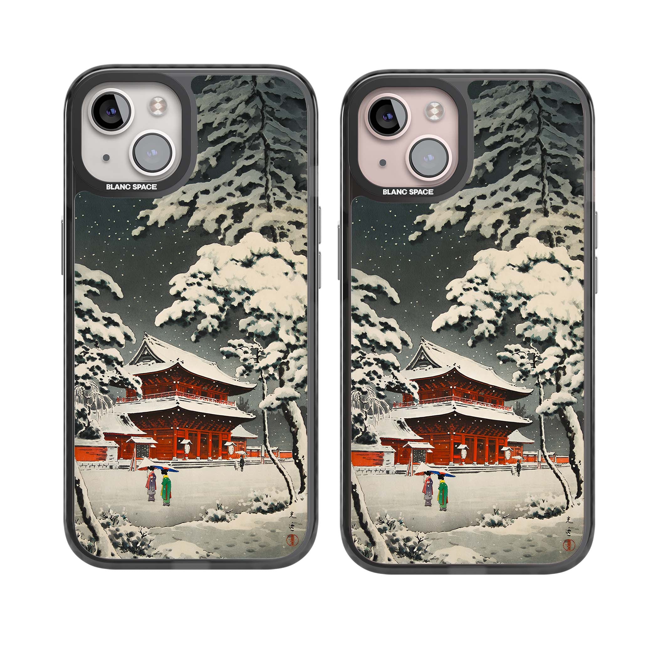 Snow at Shiha Park, Tokyo Japanese art iPhone case featuring a vintage ukiyo-e snowy temple, red pagoda, and snow-covered pin | Black Impact case for iPhone 13, iPhone 14, iPhone 15