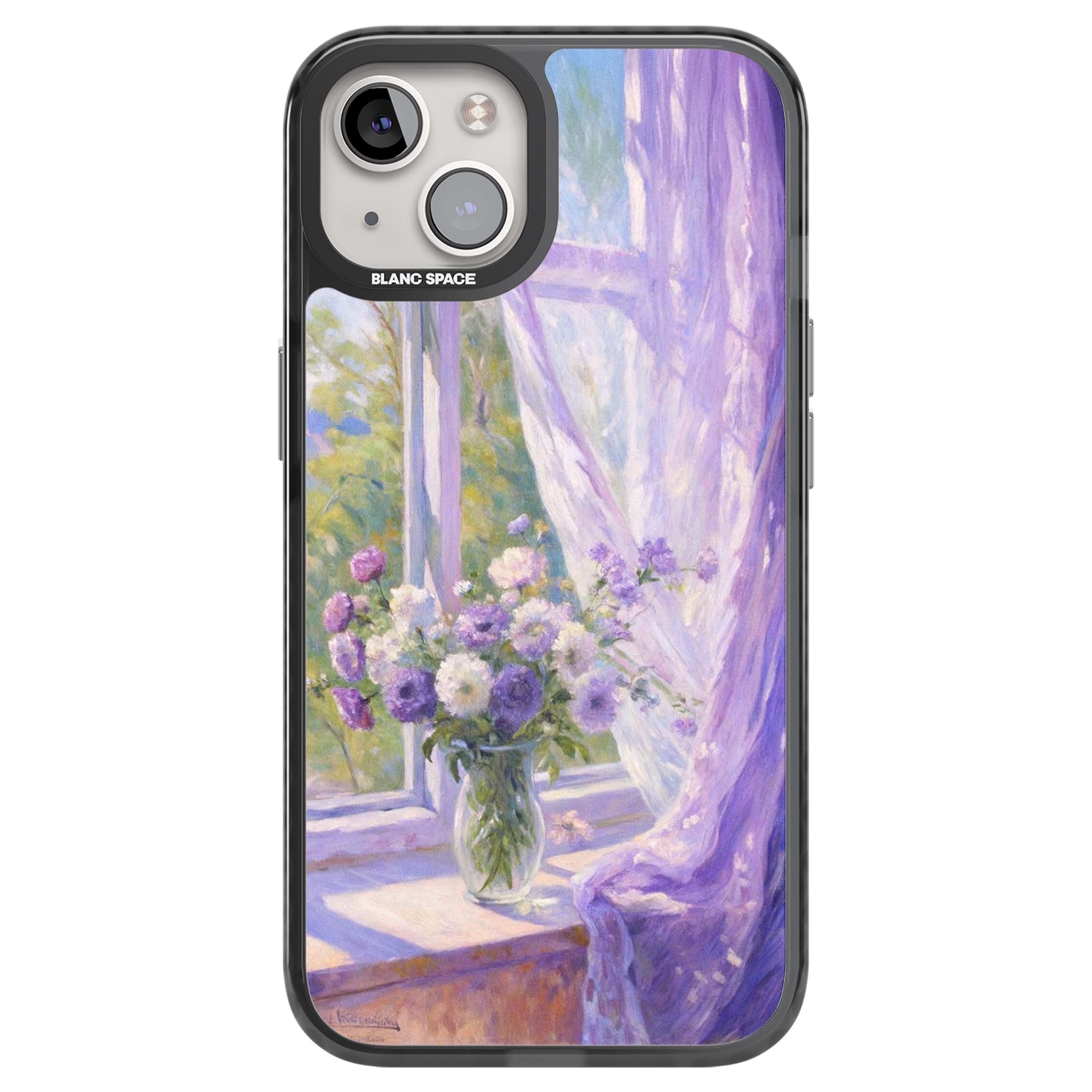 A Provence Morning impressionist art iPhone case featuring a vase of purple flowers, sunlit window and sheer curt | Black Impact case for iPhone 13, iPhone 14, iPhone 15