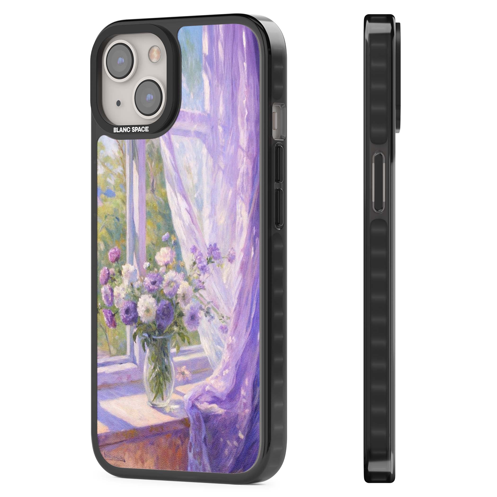 A Provence Morning impressionist art iPhone case featuring a vase of purple flowers, sunlit window and sheer curt | Black Impact case for iPhone 13, iPhone 14, iPhone 15