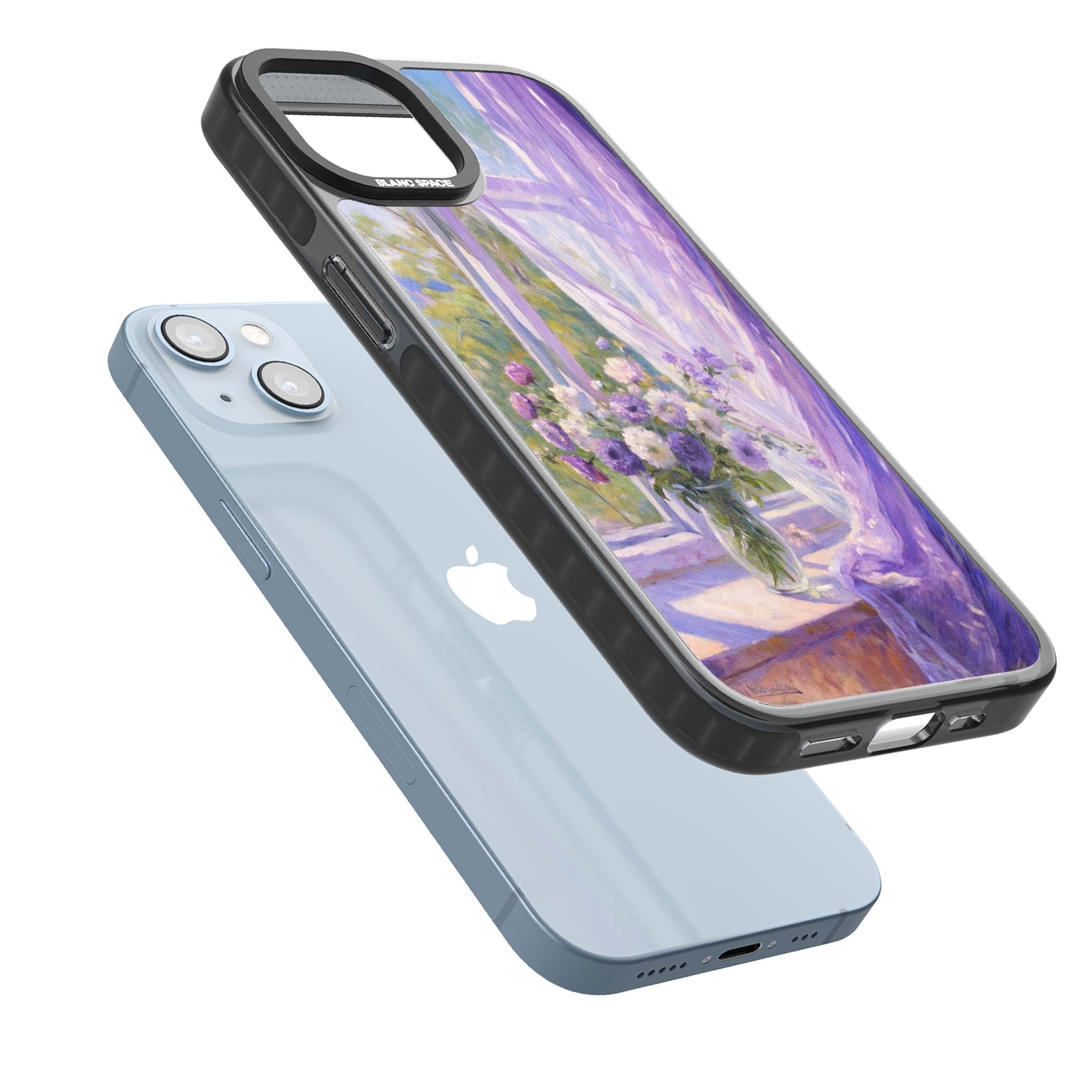 A Provence Morning impressionist art iPhone case featuring a vase of purple flowers, sunlit window and sheer curt | Black Impact case for iPhone 13, iPhone 14, iPhone 15
