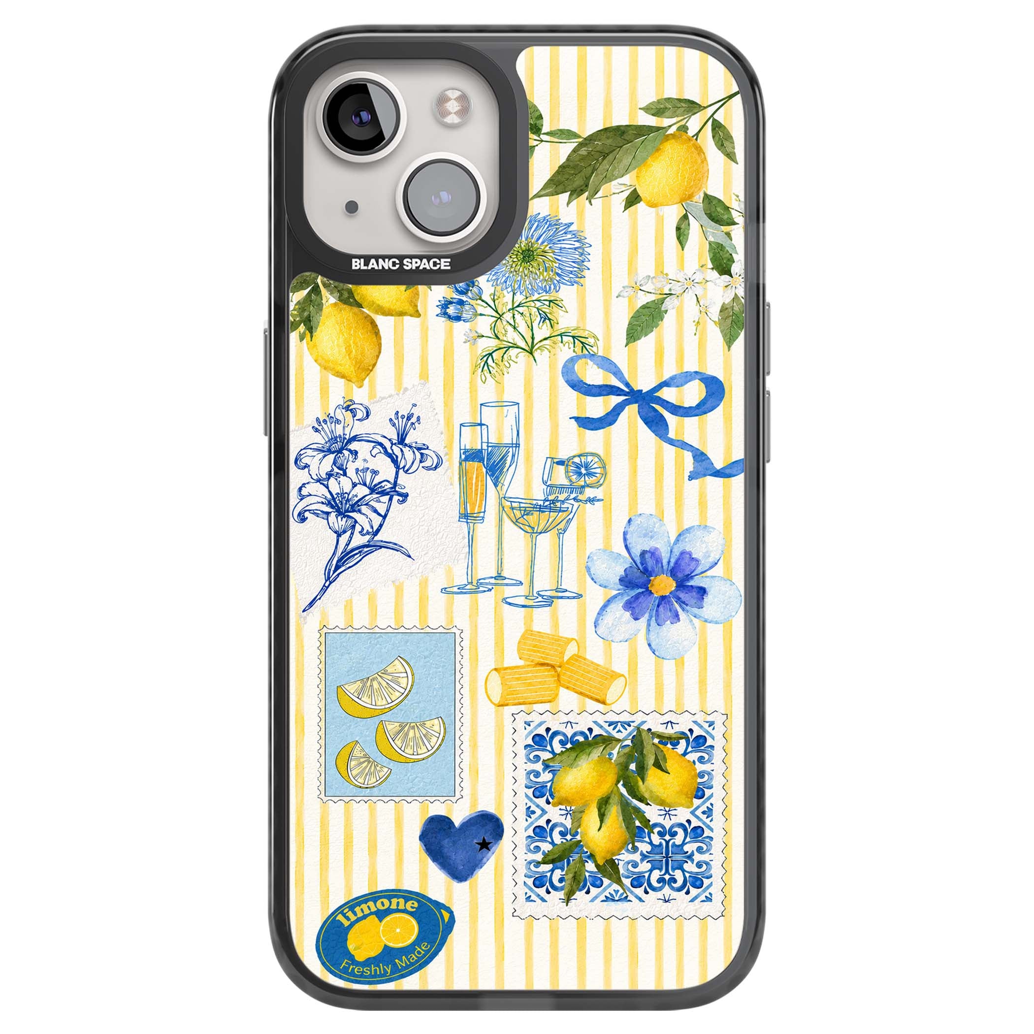 Limone Riviera Italian summer iPhone case featuring watercolour lemons, blue ribbon bows and majolica tile stamps on... | Black Impact case for iPhone 13, iPhone 14, iPhone 15
