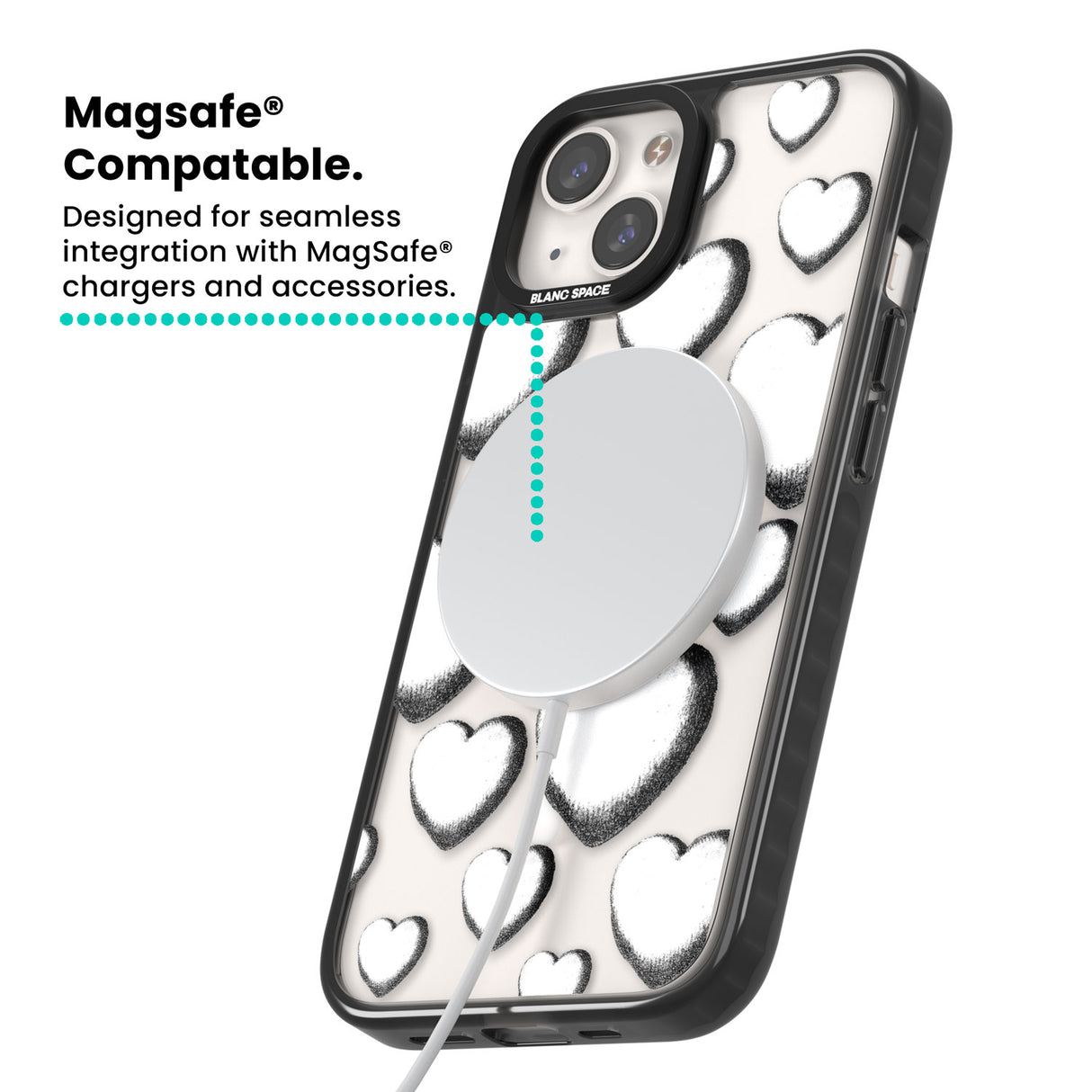 Hand-Drawn Hearts Magsafe Black Impact Phone Case for iPhone 13, iPhone 14, iPhone 15