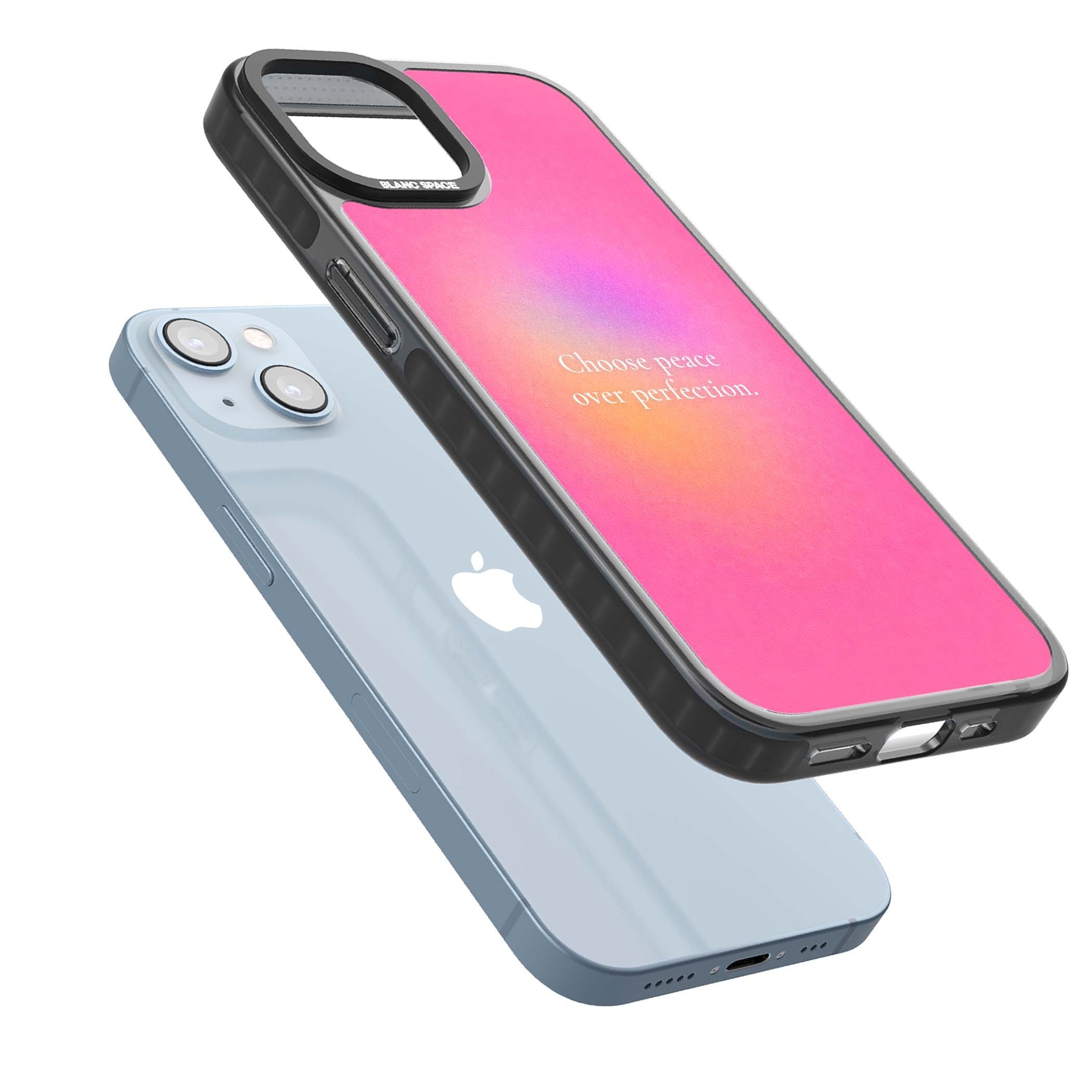 Peace Over Perfection quote iPhone case featuring a dreamy pink aura gradient and delicate white affirmation text | Black Impact Magsafe case for iPhone 13, iPhone 14, iPhone 15