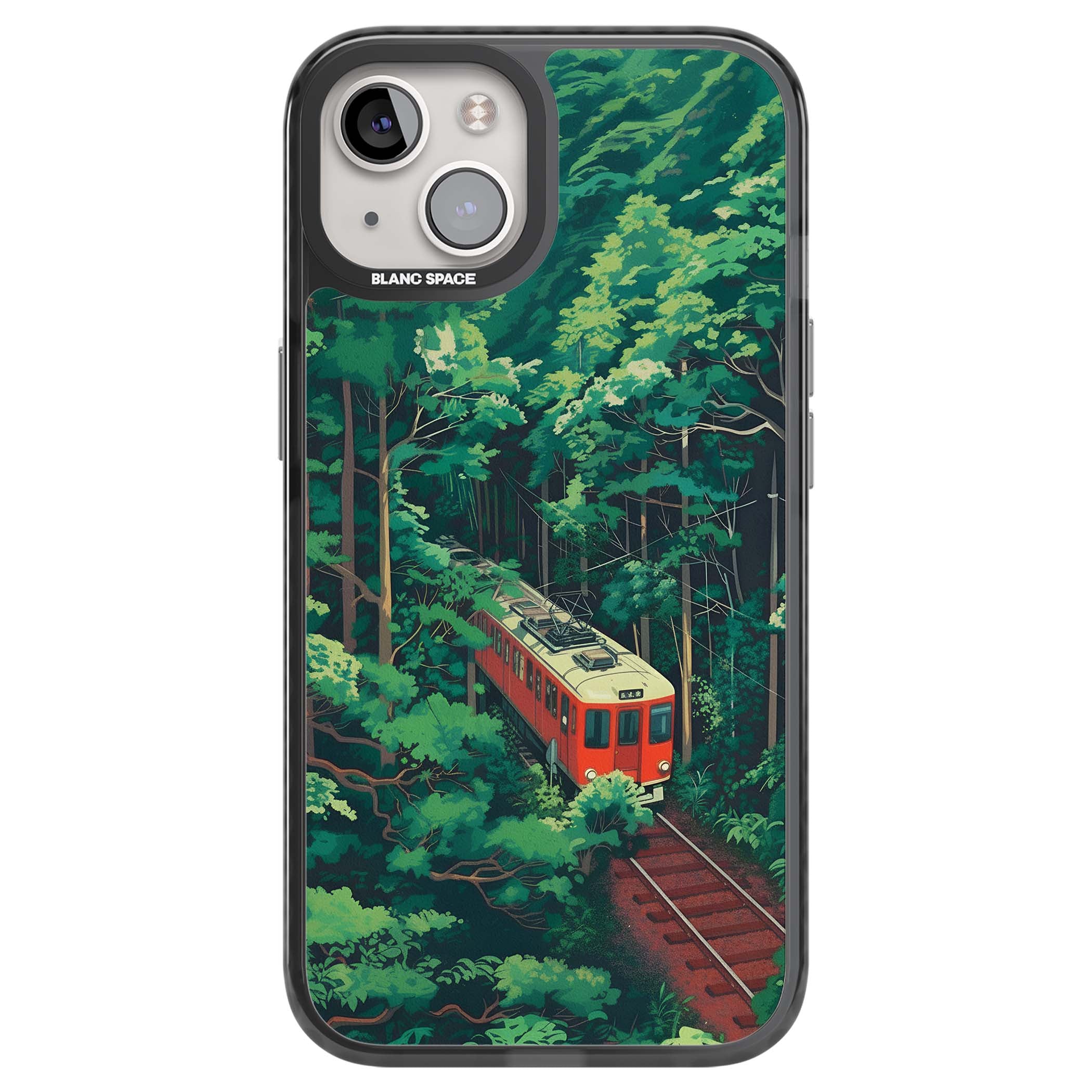 Railway In Toyama Japanese iPhone case featuring a red train, cedar forest and winding mountain railway tracks | Black Impact Magsafe case for iPhone 13, iPhone 14, iPhone 15
