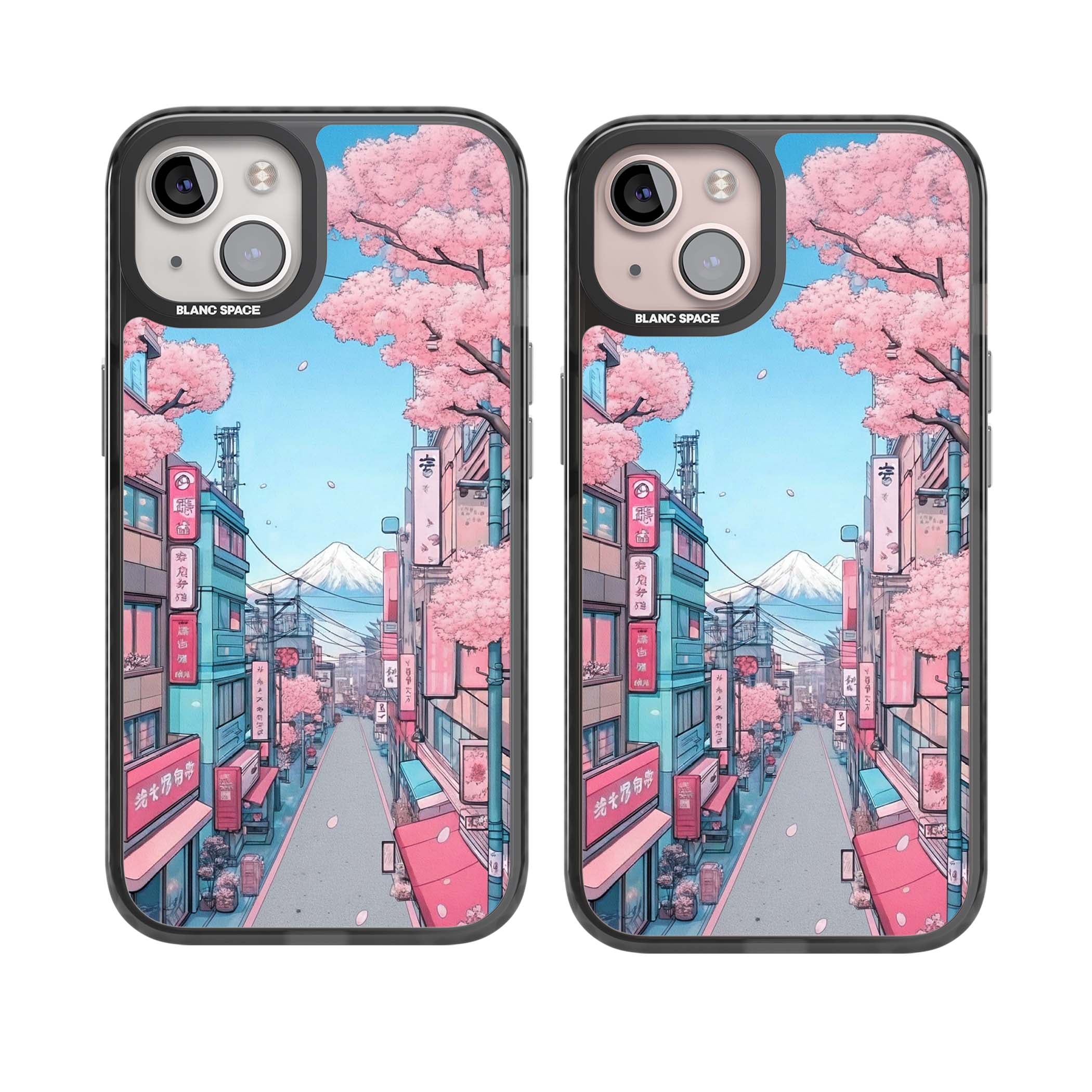 Sakura Lane anime iPhone case featuring Tokyo street scene with cherry blossoms and Mount Fuji | Black Impact Magsafe case for iPhone 13, iPhone 14, iPhone 15