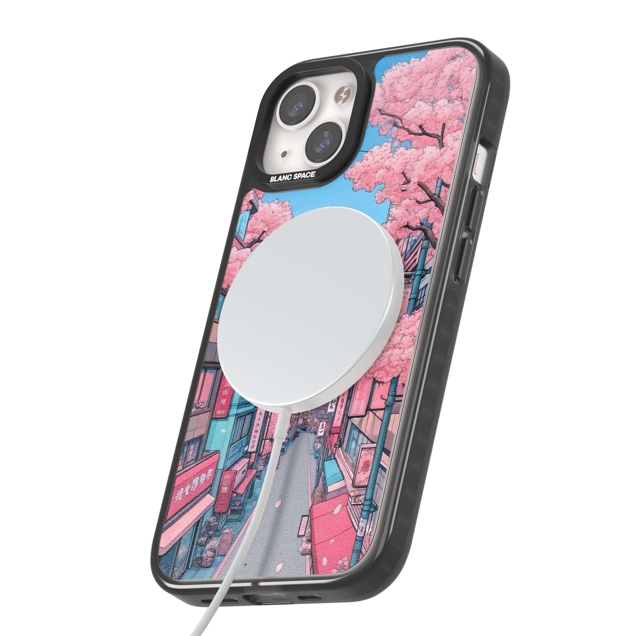 Sakura Lane anime iPhone case featuring Tokyo street scene with cherry blossoms and Mount Fuji | Black Impact Magsafe case for iPhone 13, iPhone 14, iPhone 15