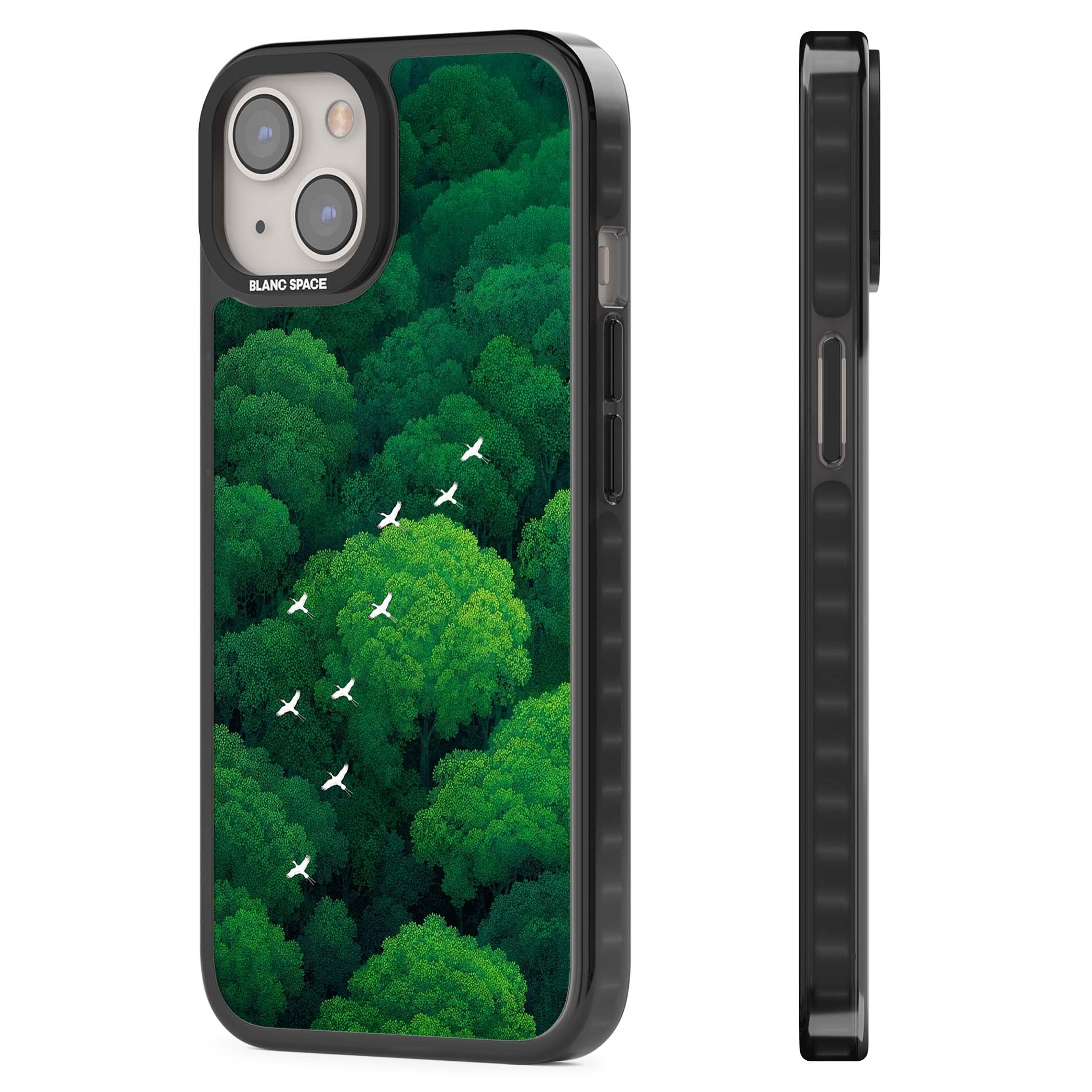 Grove Migration forest iPhone case featuring white cranes flying over lush green treetop canopy | Black Impact Magsafe case for iPhone 13, iPhone 14, iPhone 15
