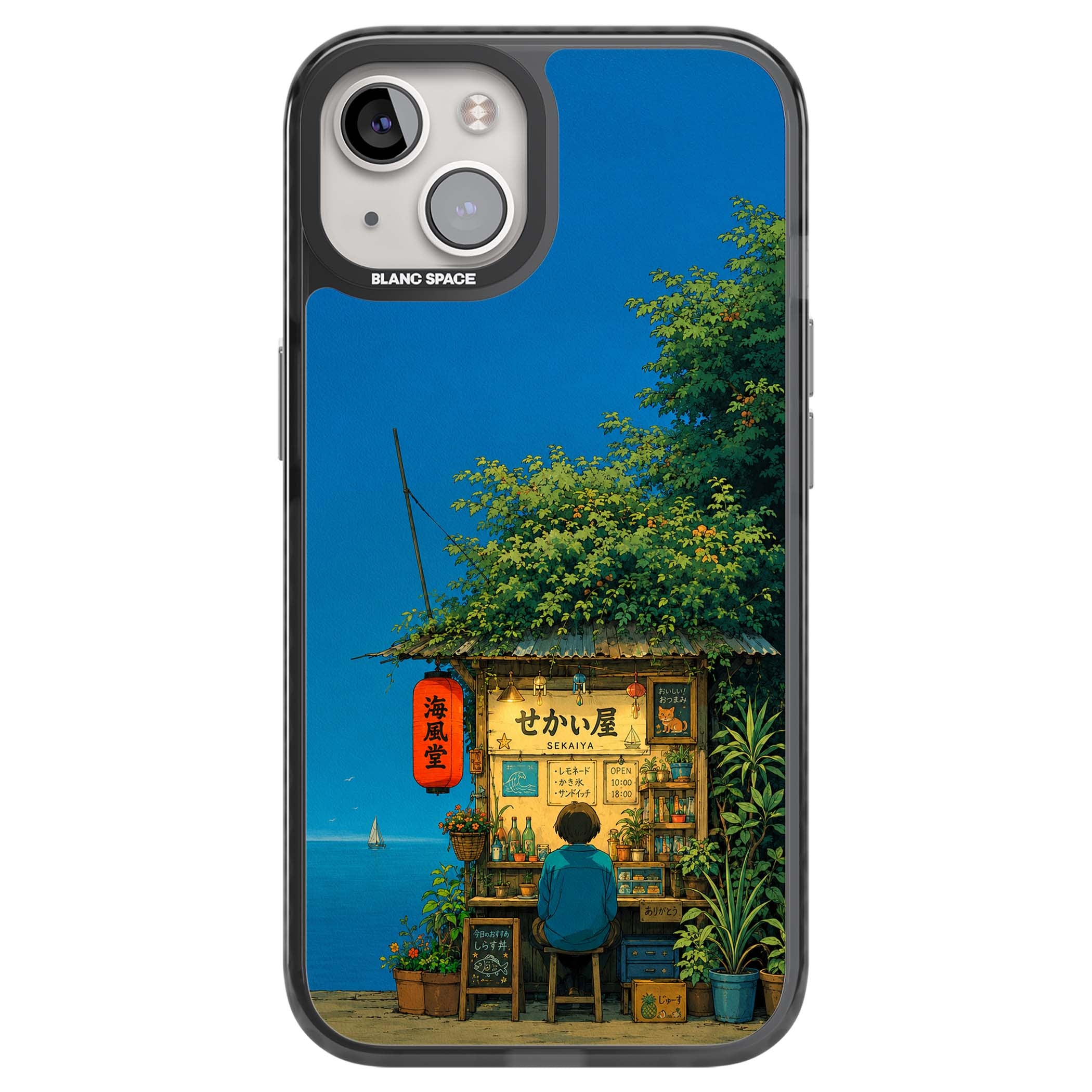 The Shirahama Kiosk anime iPhone case featuring a Japanese seaside shop, red paper lantern and ocean view | Black Impact Magsafe case for iPhone 13, iPhone 14, iPhone 15