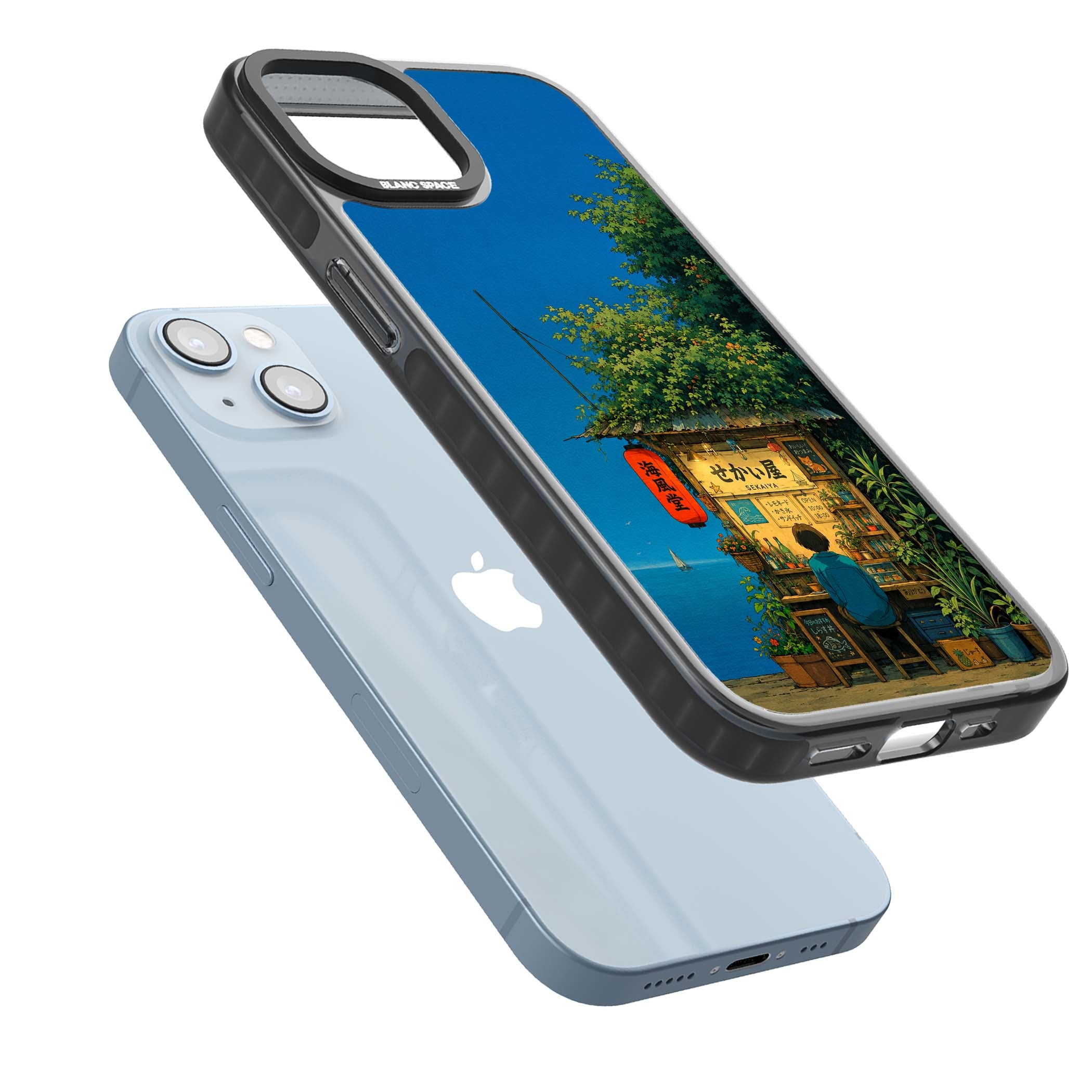 The Shirahama Kiosk anime iPhone case featuring a Japanese seaside shop, red paper lantern and ocean view | Black Impact Magsafe case for iPhone 13, iPhone 14, iPhone 15