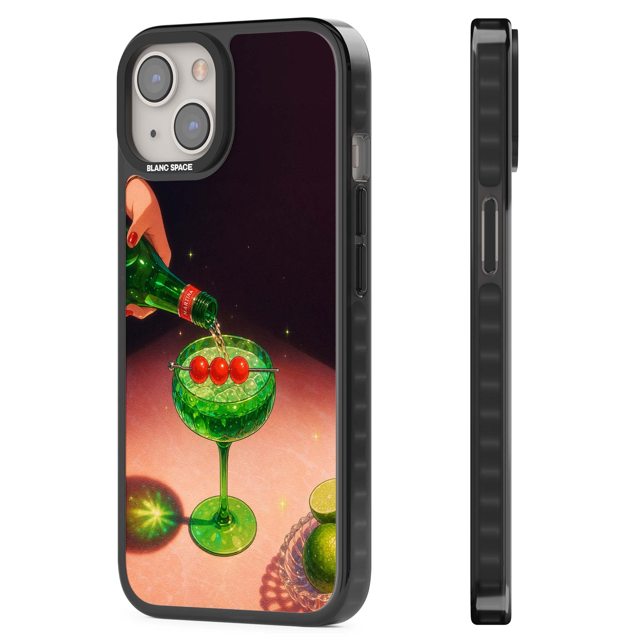 Absinthe Hour cocktail iPhone case featuring a green coupe glass, cherry garnish and vintage bottle pour illustration | Black Impact Magsafe case for iPhone 13, iPhone 14, iPhone 15