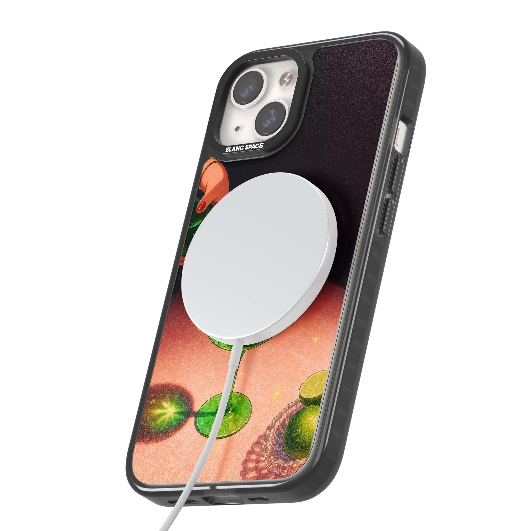 Absinthe Hour cocktail iPhone case featuring a green coupe glass, cherry garnish and vintage bottle pour illustration | Black Impact Magsafe case for iPhone 13, iPhone 14, iPhone 15
