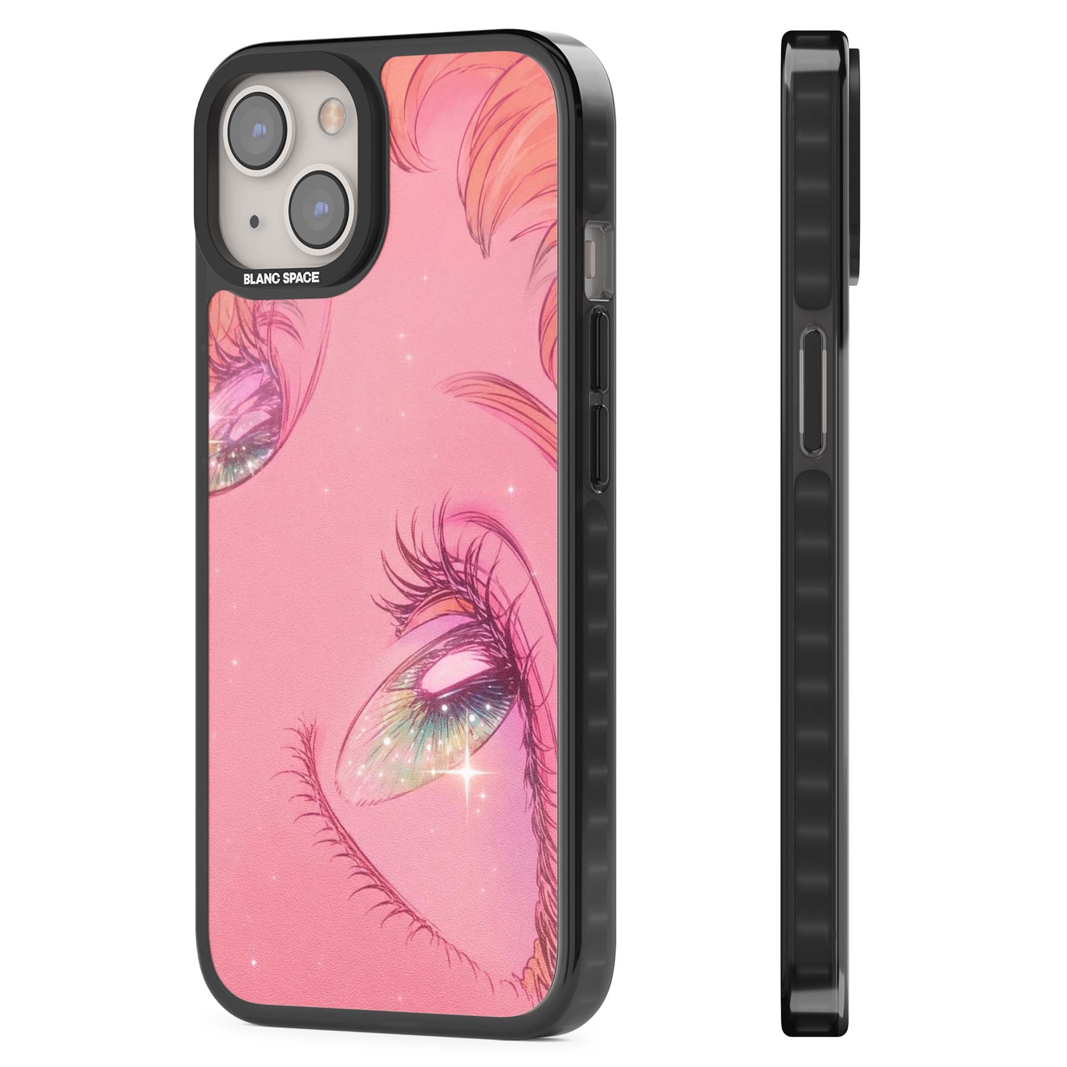 Pink Ethereal Gaze anime iPhone case featuring sparkling manga eyes, coral lashes and dreamy peach sky | Black Impact Magsafe case for iPhone 13, iPhone 14, iPhone 15