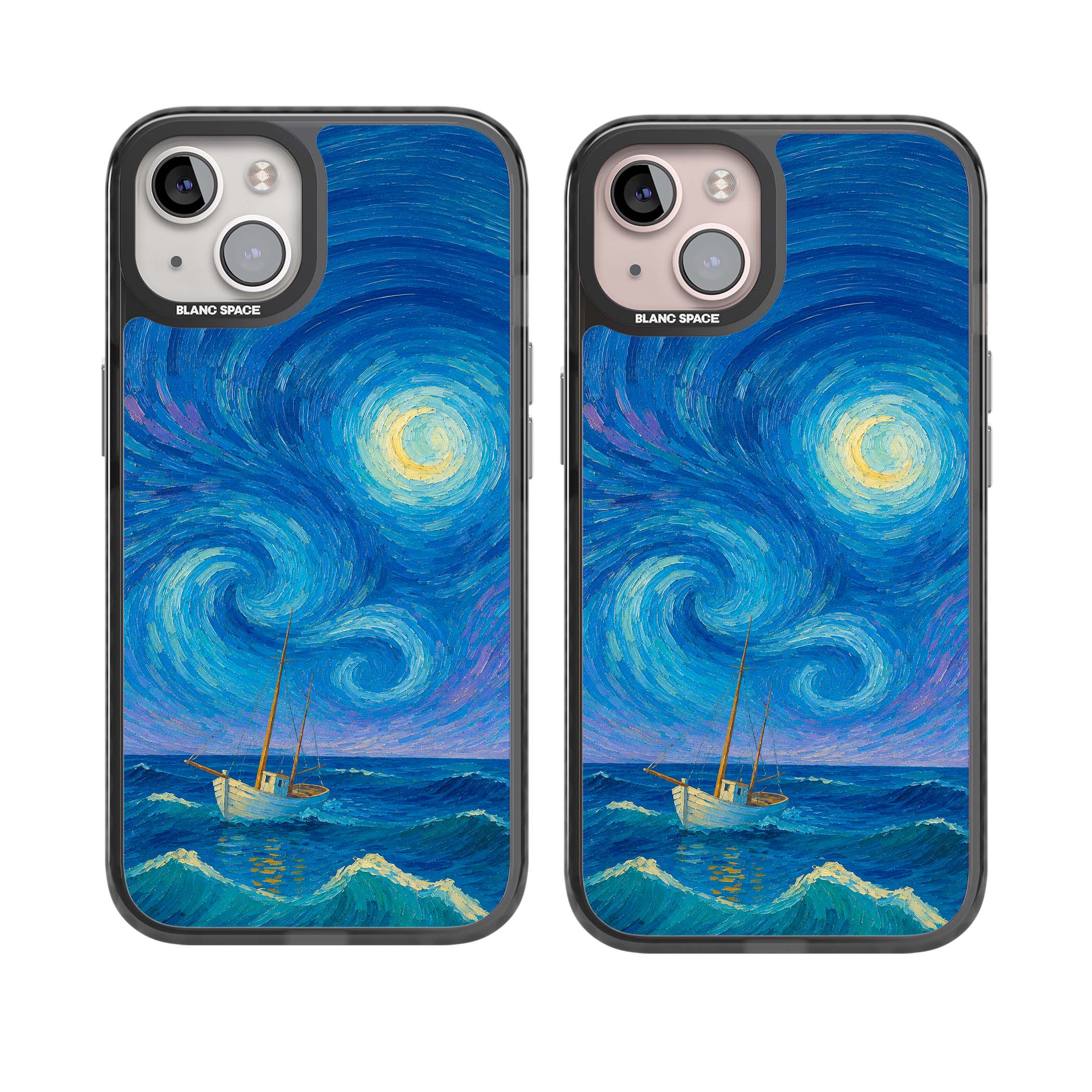 Moonlit Tide Van Gogh art iPhone case featuring swirling starry night sky, glowing moon and lone sailing boat at sea | Black Impact Magsafe case for iPhone 13, iPhone 14, iPhone 15