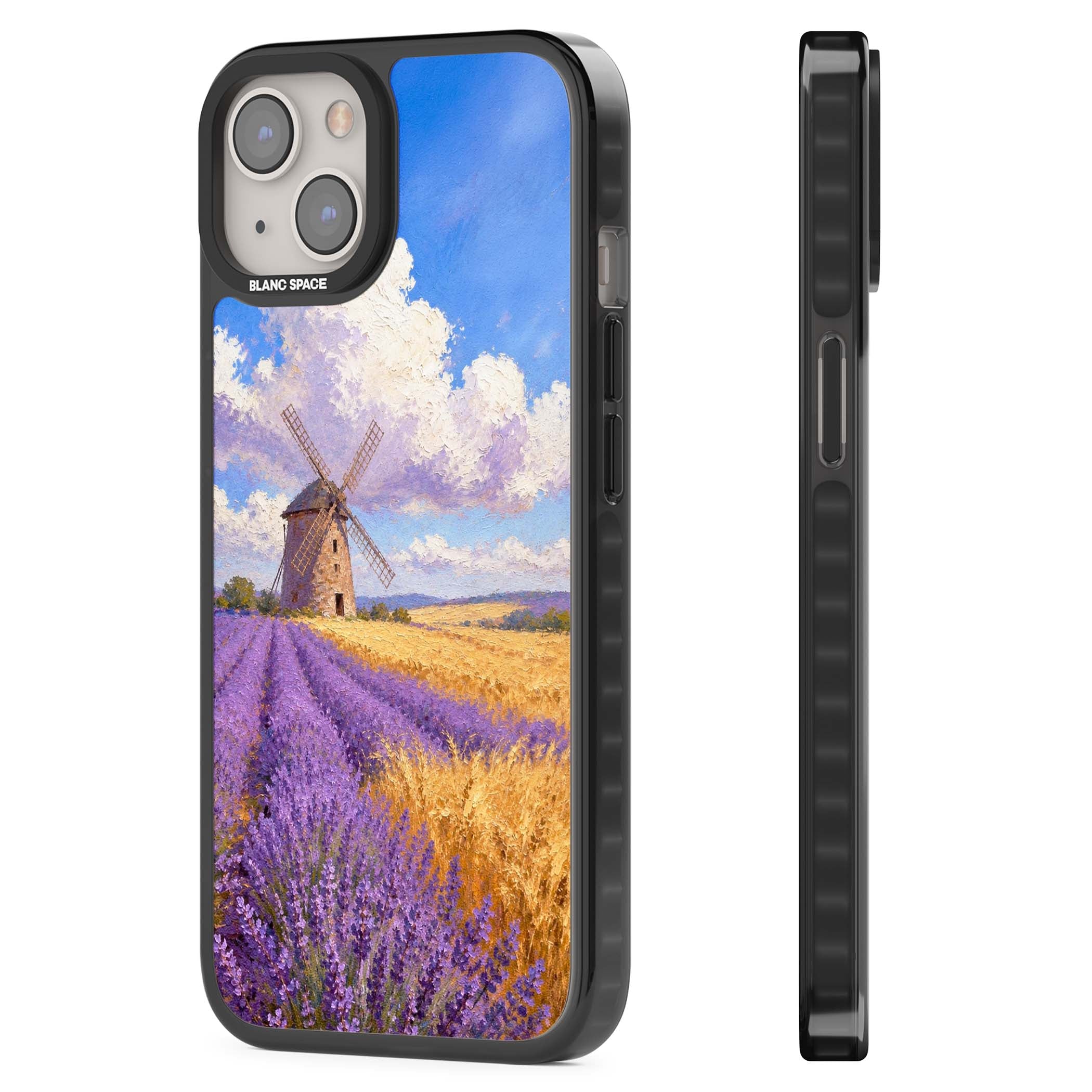 Lavender Mill cottagecore iPhone case featuring a French windmill, lavender field and golden wheat oil painting | Black Impact Magsafe case for iPhone 13, iPhone 14, iPhone 15