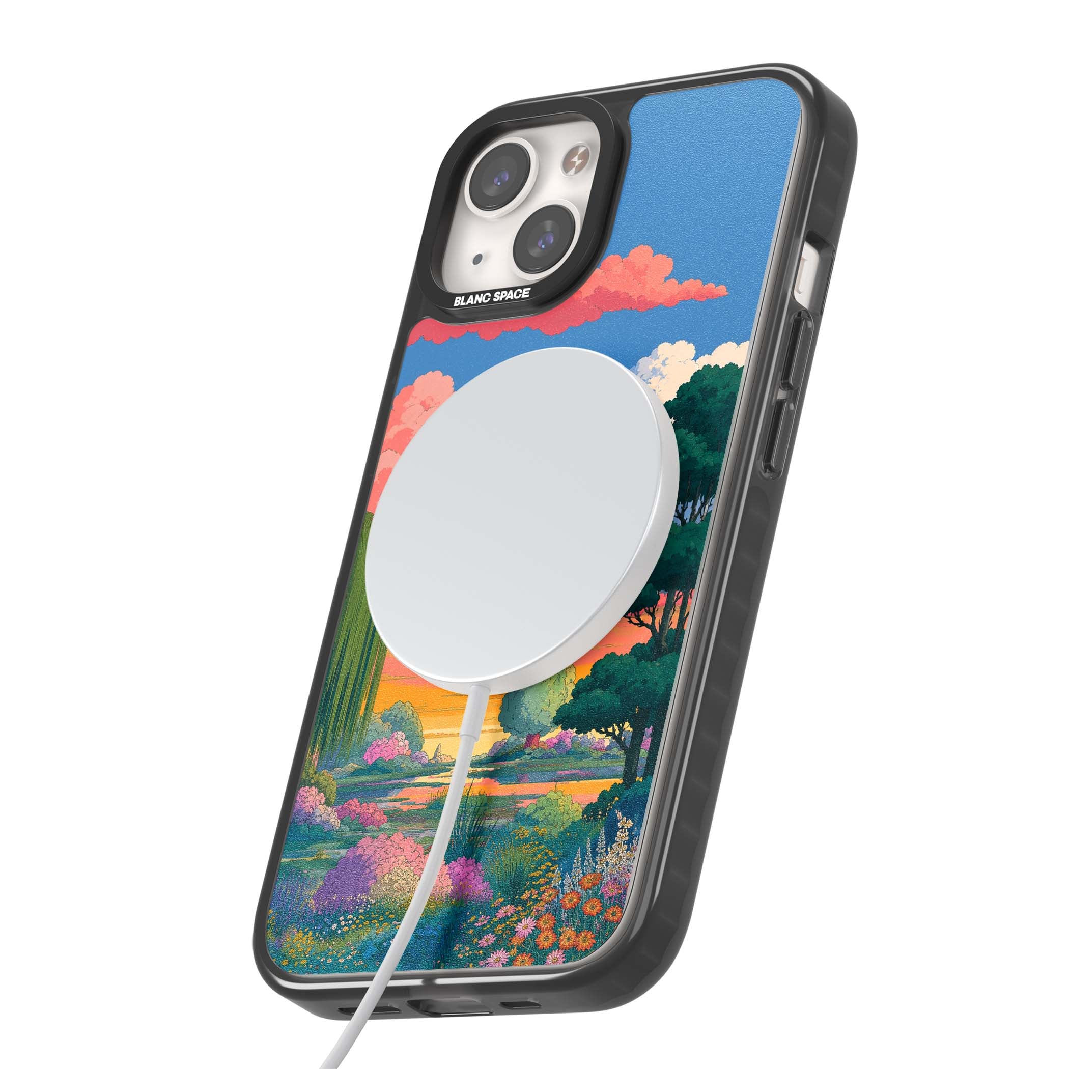Dream Valley anime landscape iPhone case featuring pink sunset clouds, willow trees and wildflowers | Black Impact Magsafe case for iPhone 13, iPhone 14, iPhone 15