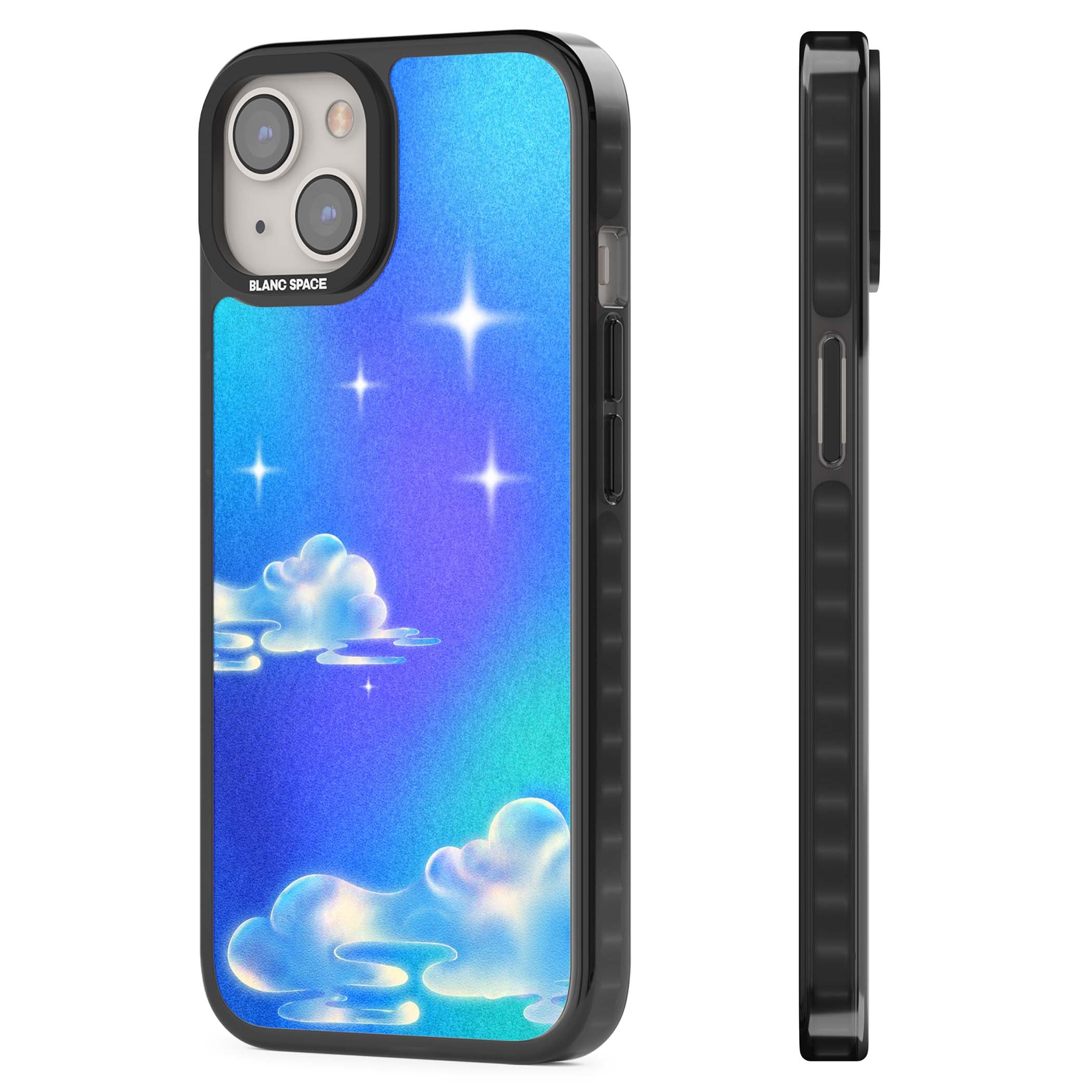 Aurora celestial iPhone case featuring dreamy iridescent clouds, sparkling stars and pastel blue purple sky | Black Impact Magsafe case for iPhone 13, iPhone 14, iPhone 15