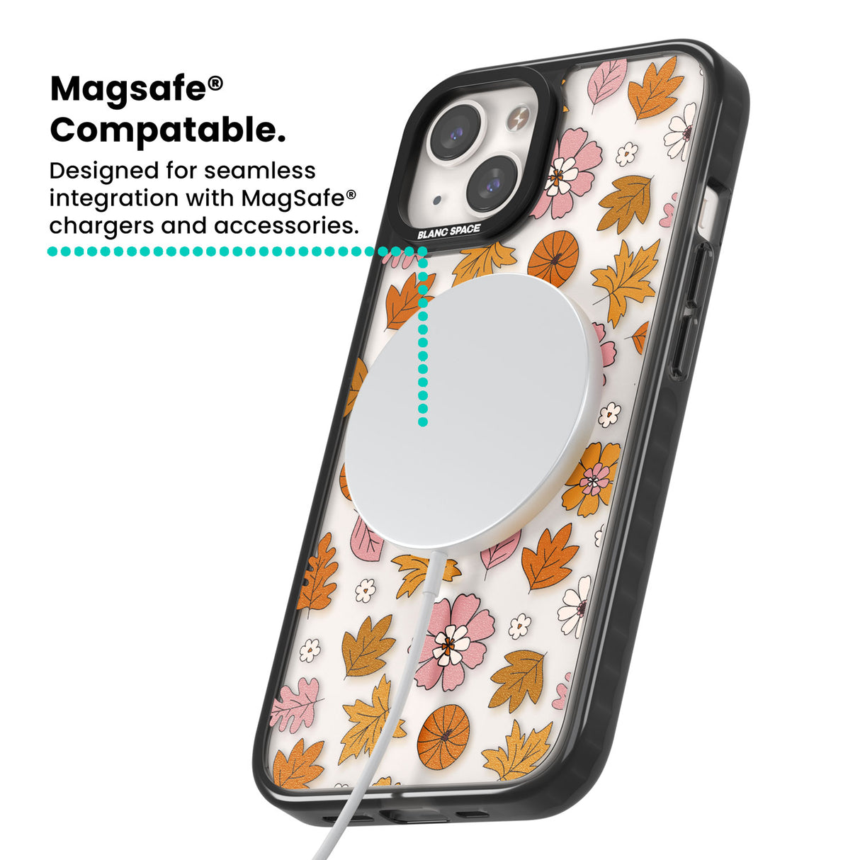 Autumn Leaves and Flowers Magsafe Black Impact Phone Case for iPhone 13, iPhone 14, iPhone 15