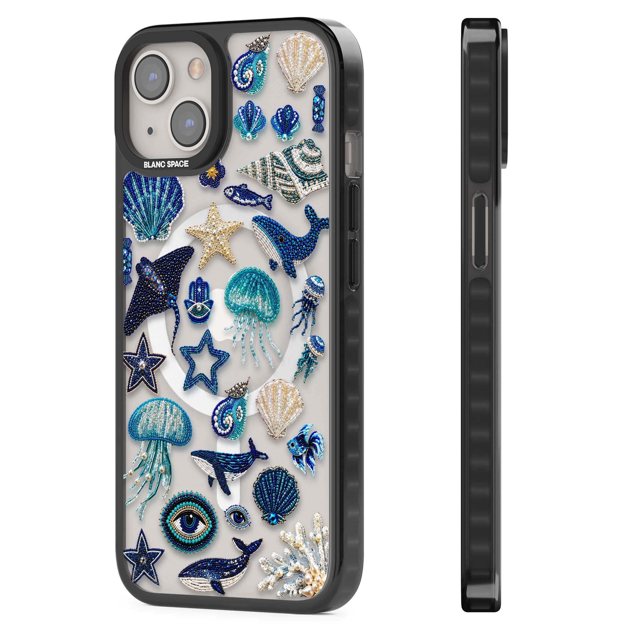 Beaded Coastal coastal iPhone case featuring embroidered seashells, jellyfish and a blue whale on clear | Black Impact Magsafe case for iPhone 13, iPhone 14, iPhone 15