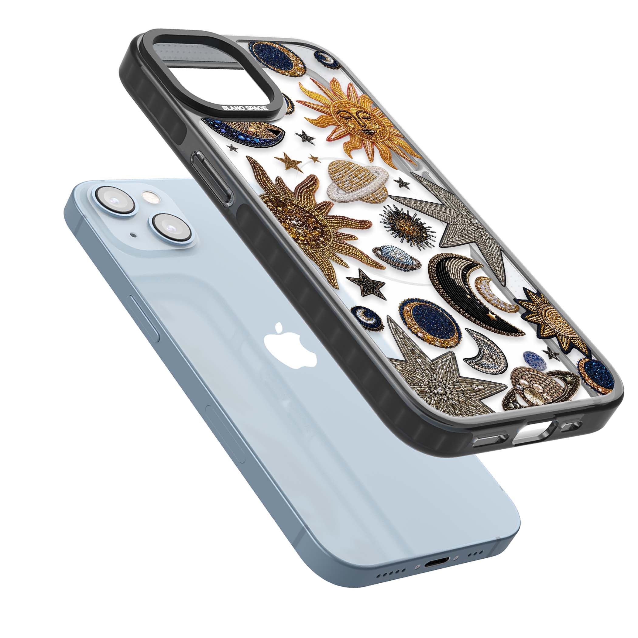 Beaded Cosmos celestial iPhone case featuring embroidered golden suns, beaded planets and silver shooting stars | Black Impact Magsafe case for iPhone 13, iPhone 14, iPhone 15