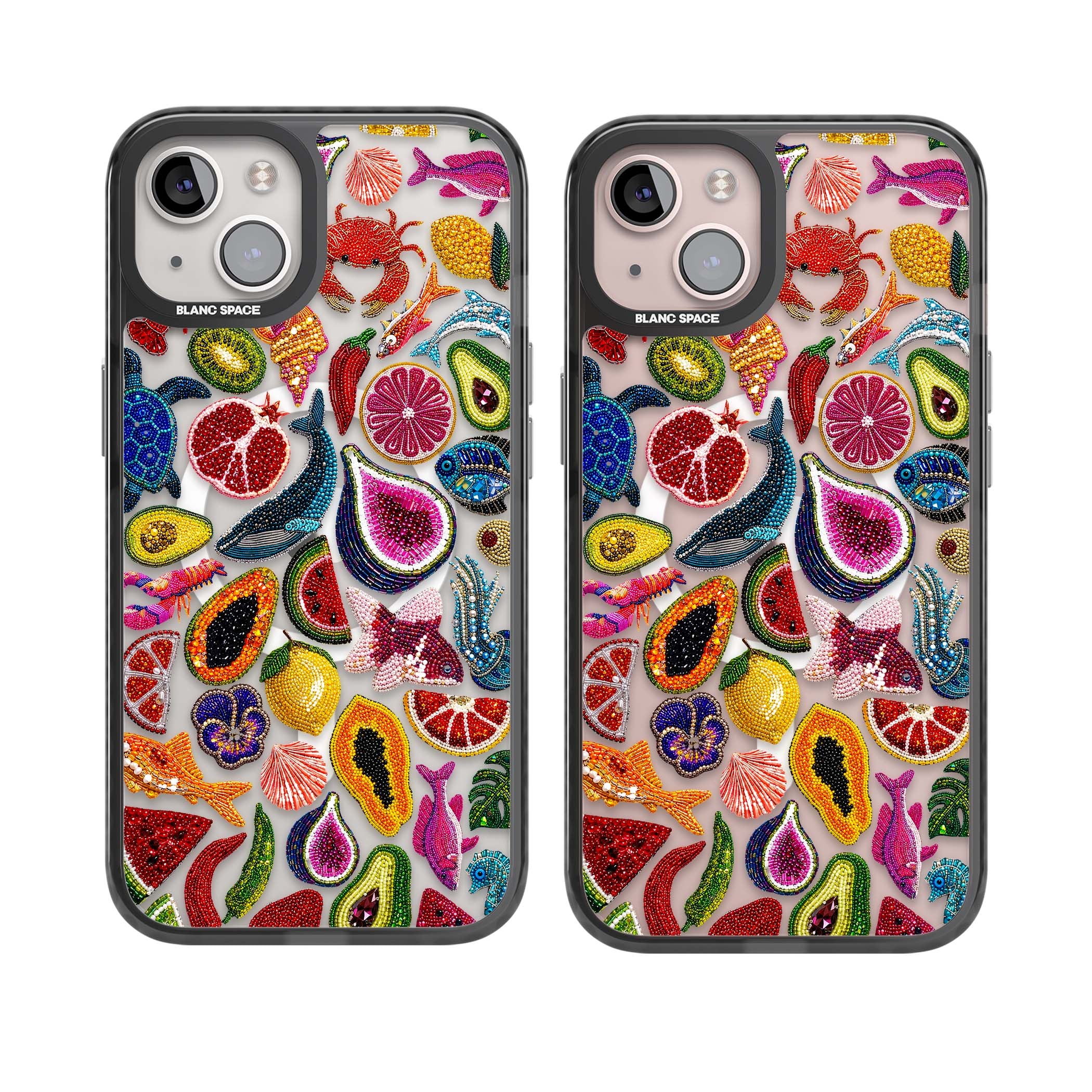 Beaded Tropic tropical iPhone case featuring beaded fruit, fish, crabs and seashells in vibrant colour | Black Impact Magsafe case for iPhone 13, iPhone 14, iPhone 15