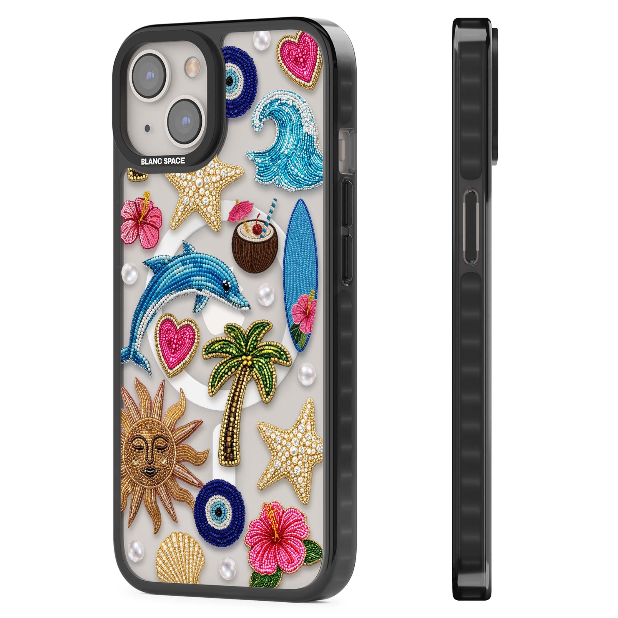 Beaded Beach coastal summer iPhone case featuring embroidered evil eye, hibiscus flowers, dolphin and palm tree patches | Black Impact Magsafe case for iPhone 13, iPhone 14, iPhone 15