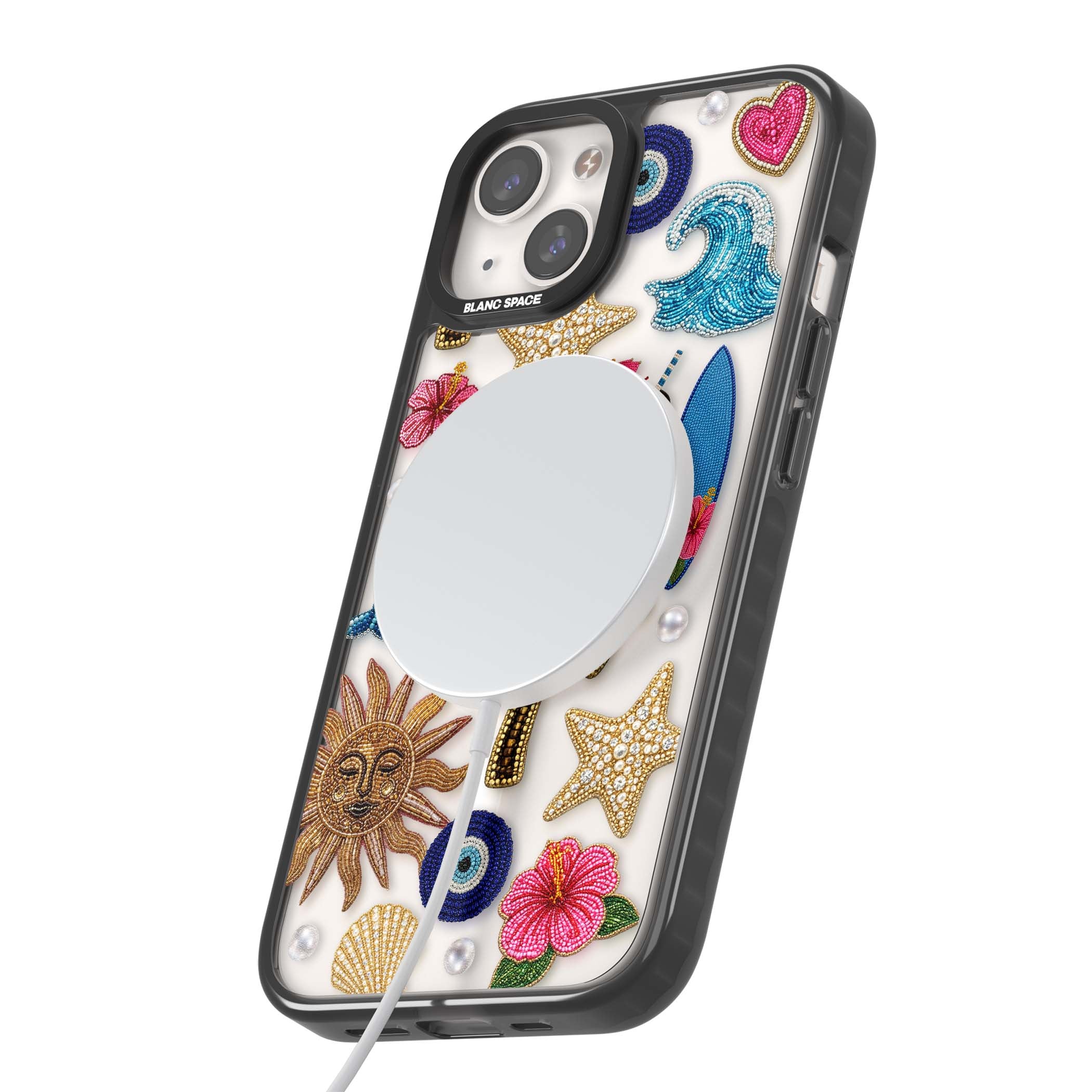 Beaded Beach coastal summer iPhone case featuring embroidered evil eye, hibiscus flowers, dolphin and palm tree patches | Black Impact Magsafe case for iPhone 13, iPhone 14, iPhone 15