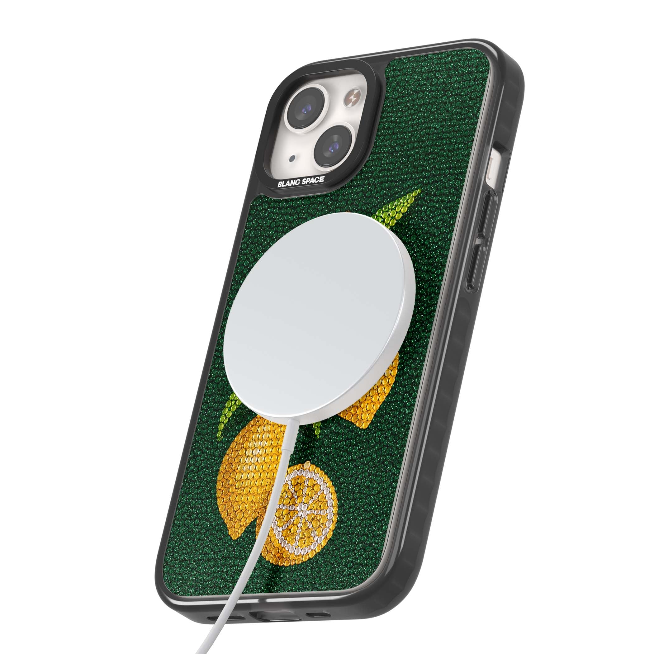Beaded Lemons coastal iPhone case featuring crystal-beaded lemons, citrus blossom and green leaves on emerald ground | Black Impact Magsafe case for iPhone 13, iPhone 14, iPhone 15