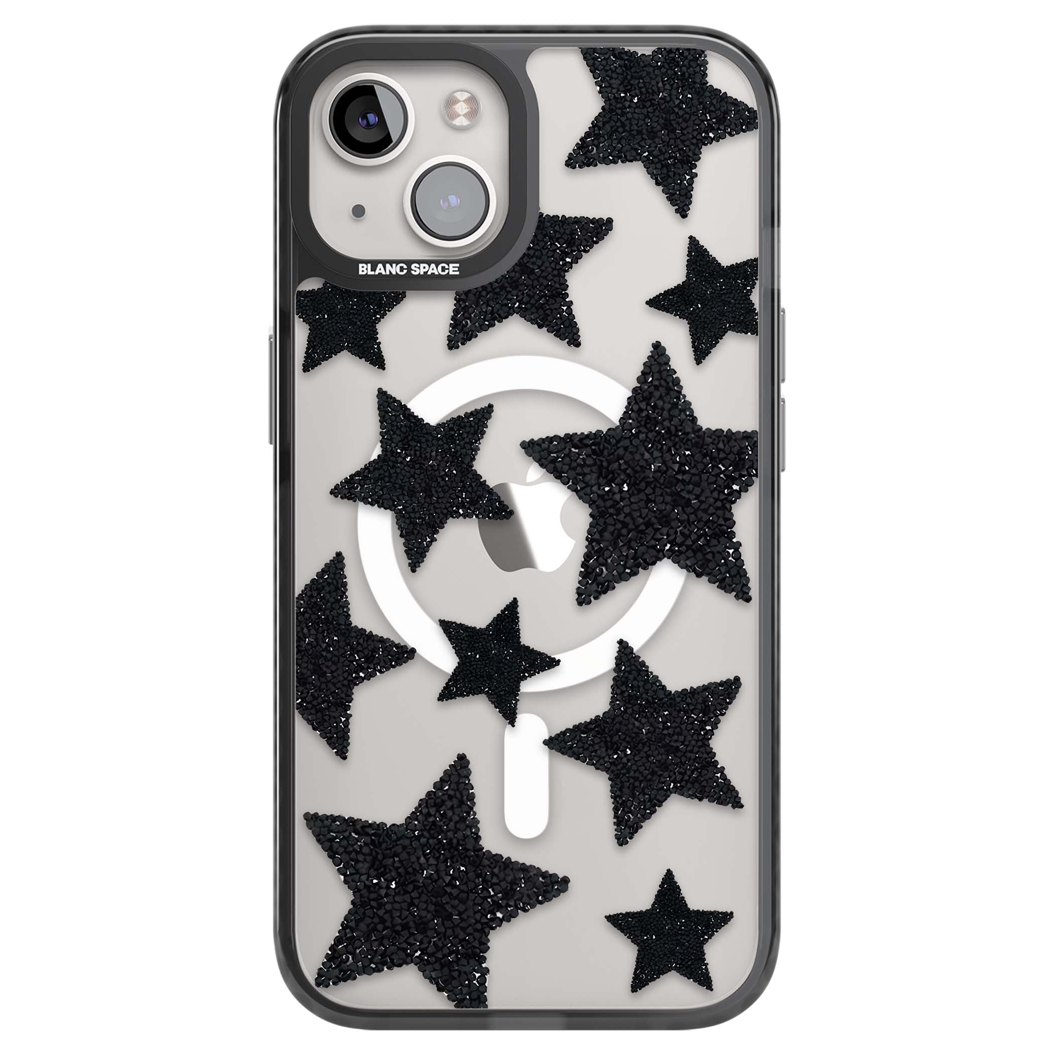 Beaded Black Stars celestial iPhone case featuring black glitter beaded stars scattered on a clear background | Black Impact Magsafe case for iPhone 13, iPhone 14, iPhone 15