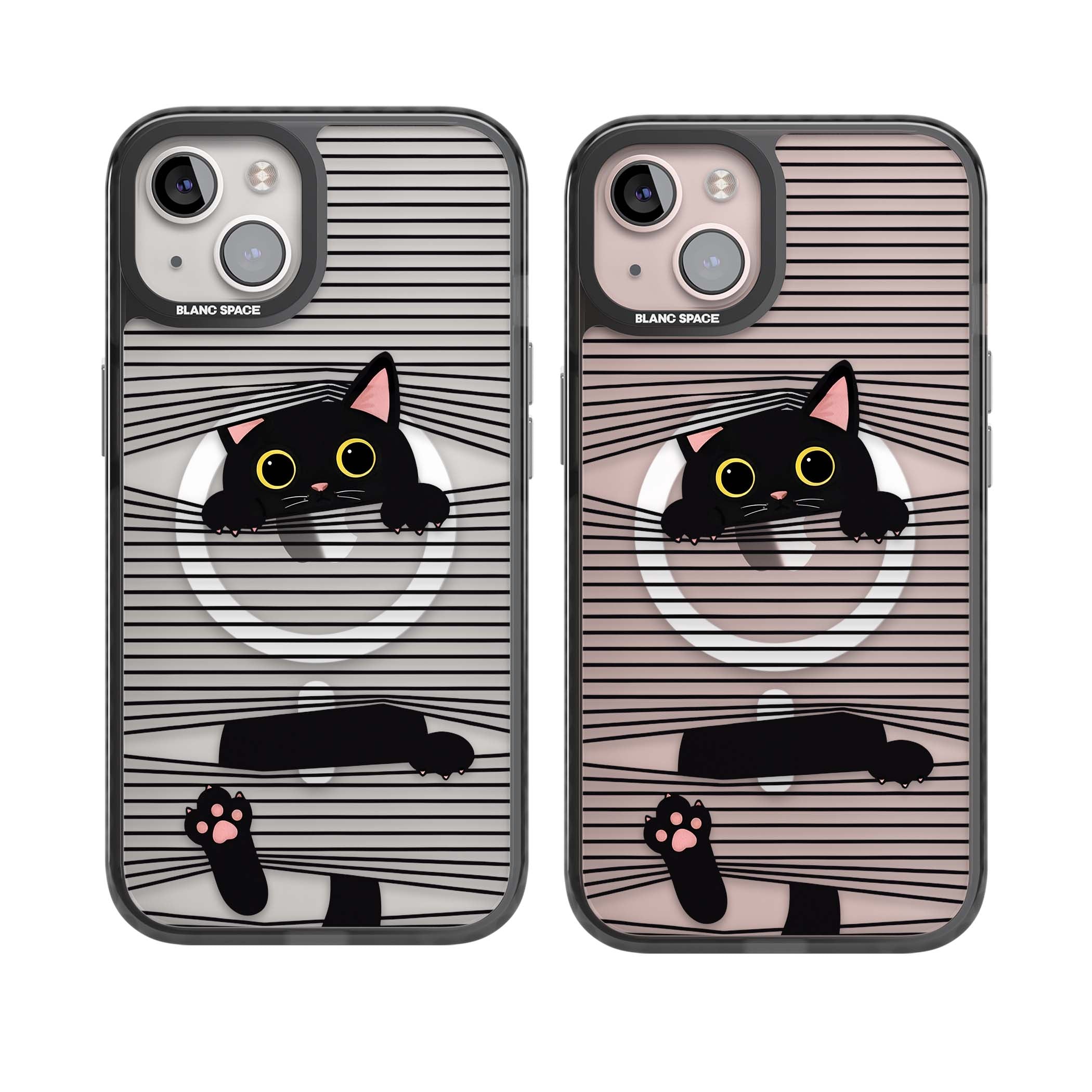 Peek-a-Boo Cat minimal iPhone case featuring black cat peeking through horizontal black and white stripes | Black Impact Magsafe case for iPhone 13, iPhone 14, iPhone 15