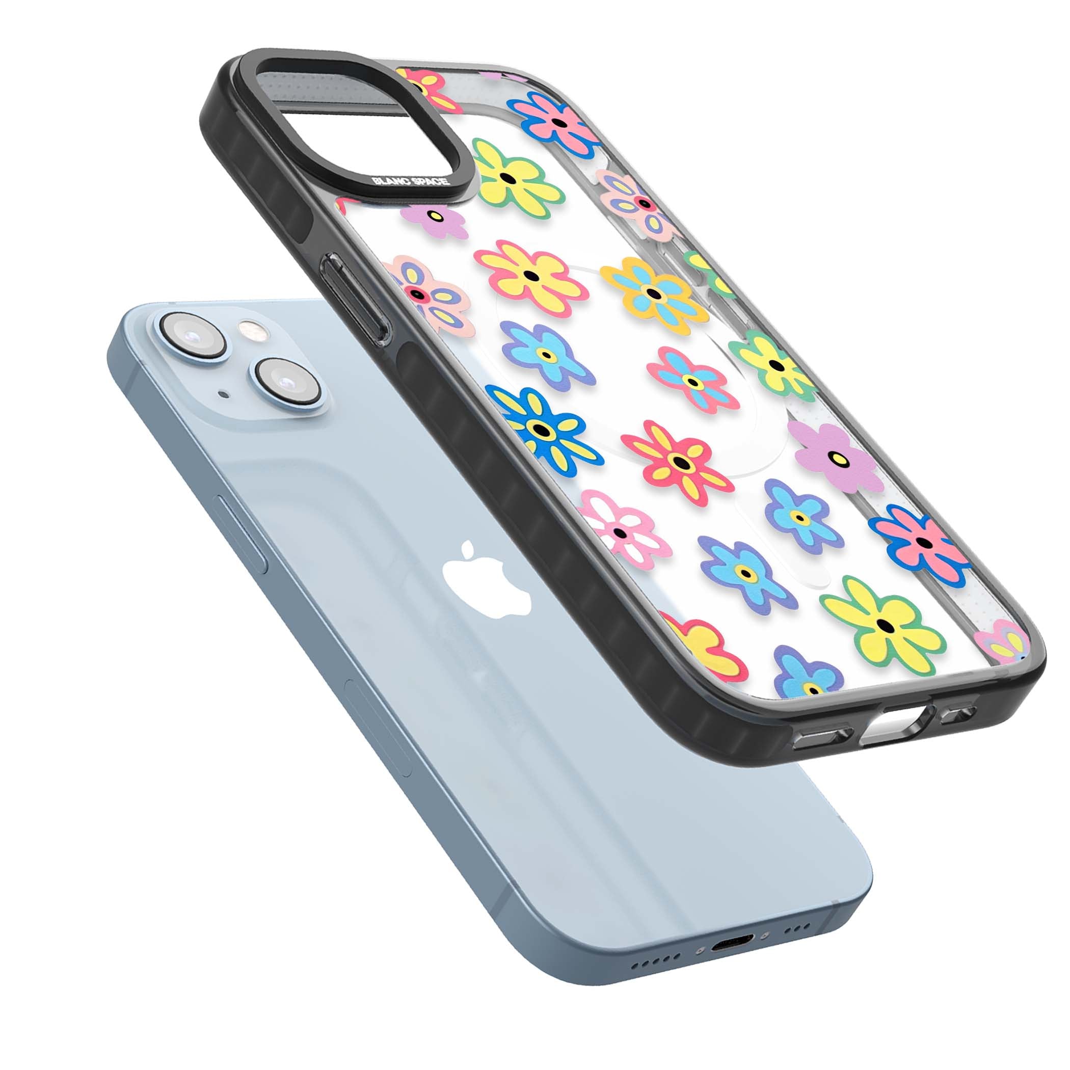 Bloom Pop cottagecore iPhone case featuring multicolor pastel flowers with black centers on clear background | Black Impact Magsafe case for iPhone 13, iPhone 14, iPhone 15