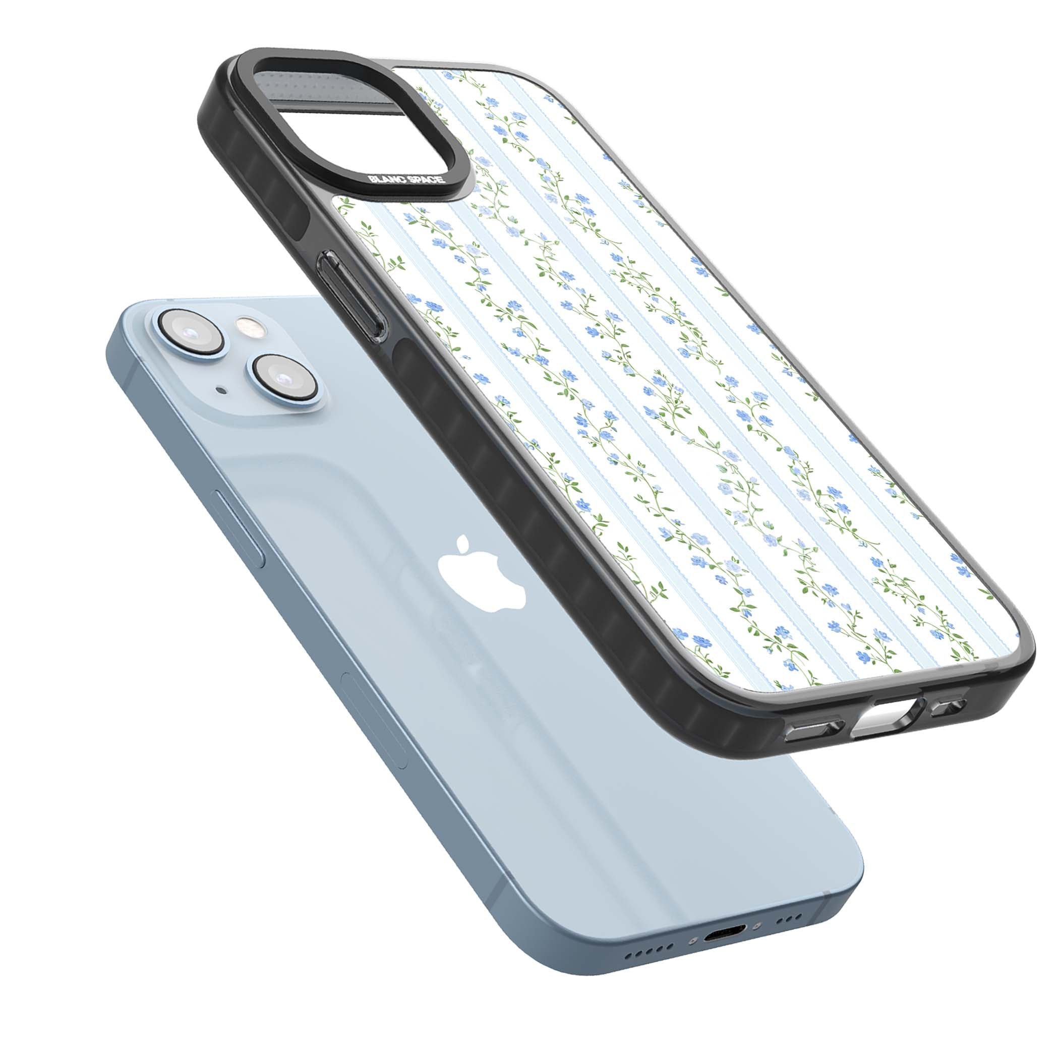 Bluebell Vine cottagecore iPhone case featuring climbing blue roses, trailing green vines, and pale ticking stripes | Black Impact Magsafe case for iPhone 13, iPhone 14, iPhone 15