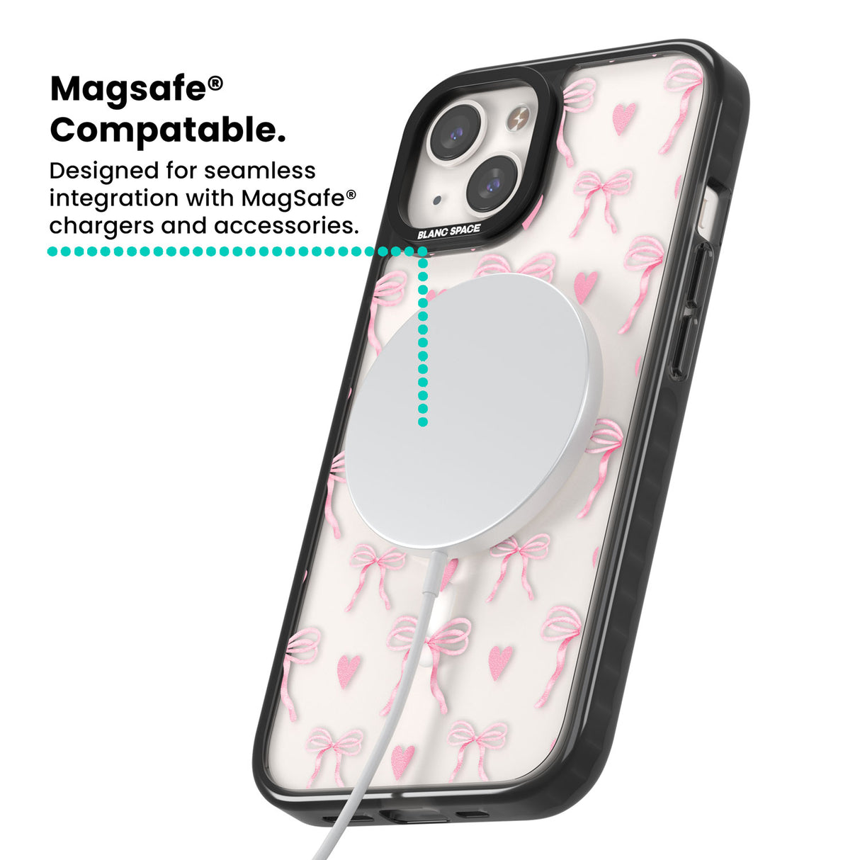 Pink Bows & Hearts Magsafe Black Impact Phone Case for iPhone 13, iPhone 14, iPhone 15