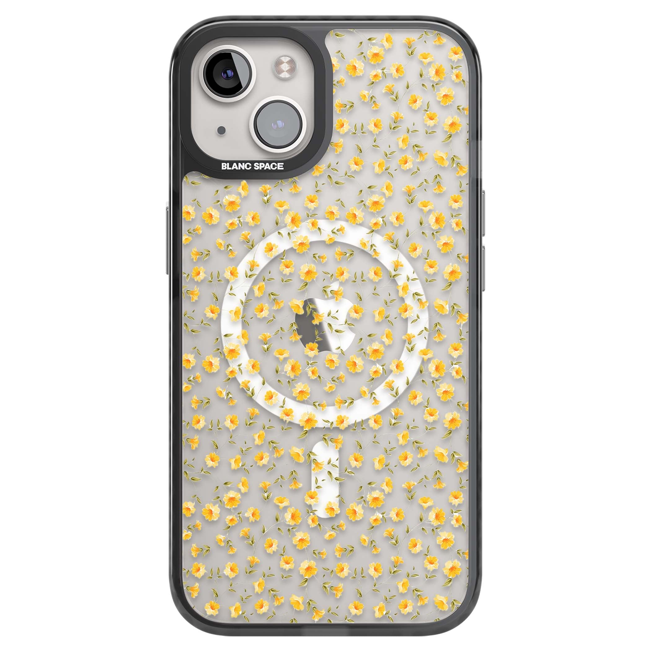 Buttercup wildflower iPhone case featuring tiny yellow flowers and trailing green vines on clear | Black Impact Magsafe case for iPhone 13, iPhone 14, iPhone 15