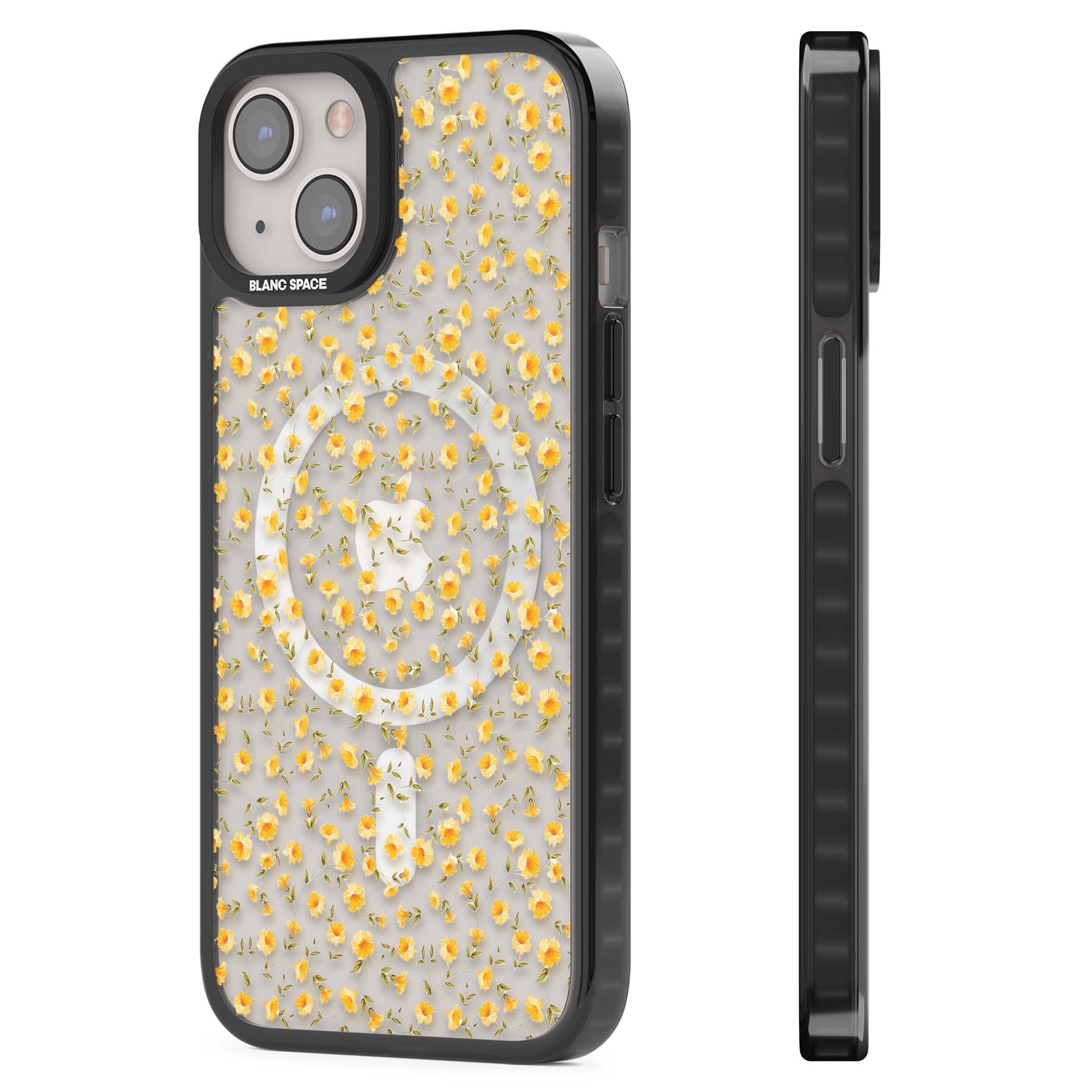 Buttercup wildflower iPhone case featuring tiny yellow flowers and trailing green vines on clear | Black Impact Magsafe case for iPhone 13, iPhone 14, iPhone 15