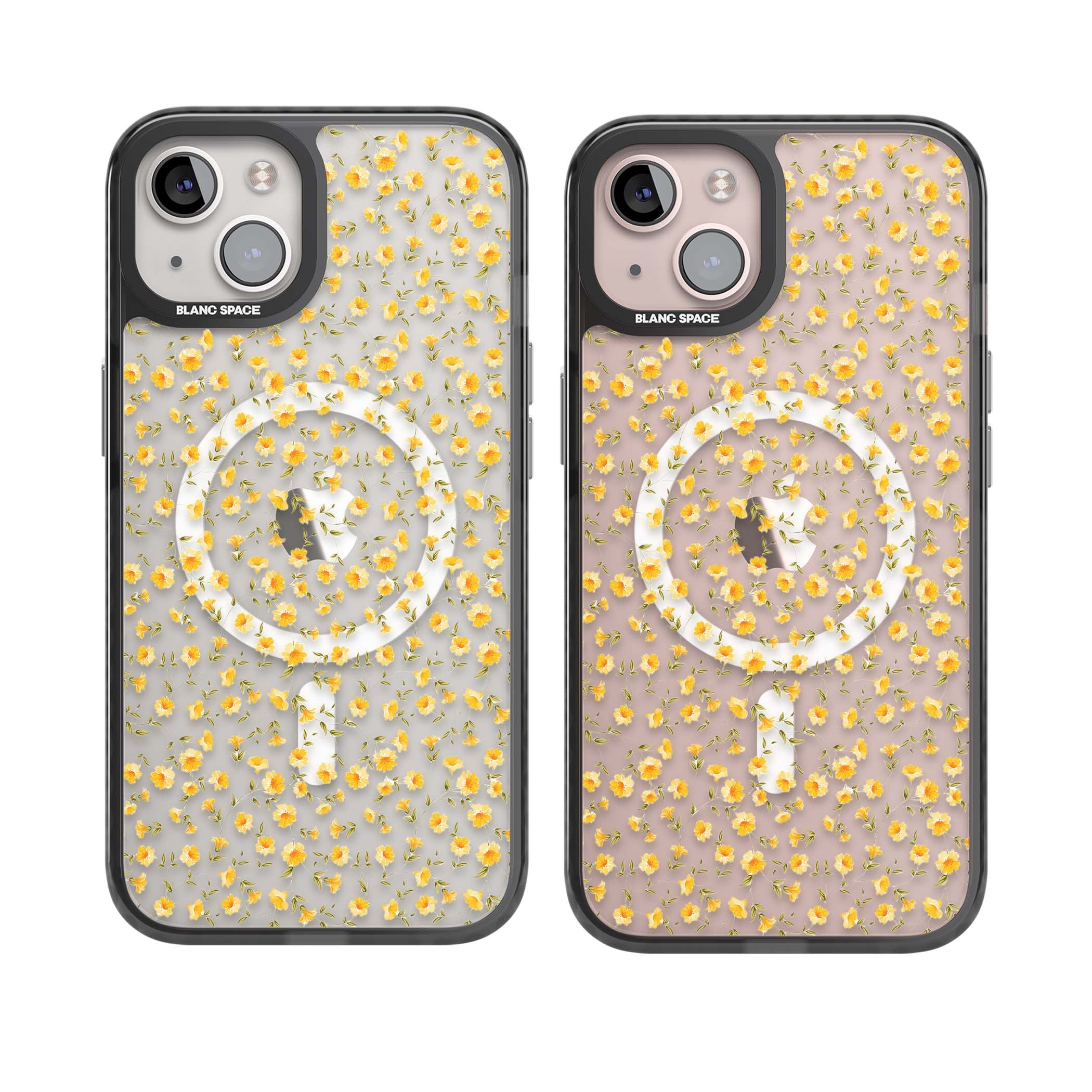 Buttercup wildflower iPhone case featuring tiny yellow flowers and trailing green vines on clear | Black Impact Magsafe case for iPhone 13, iPhone 14, iPhone 15