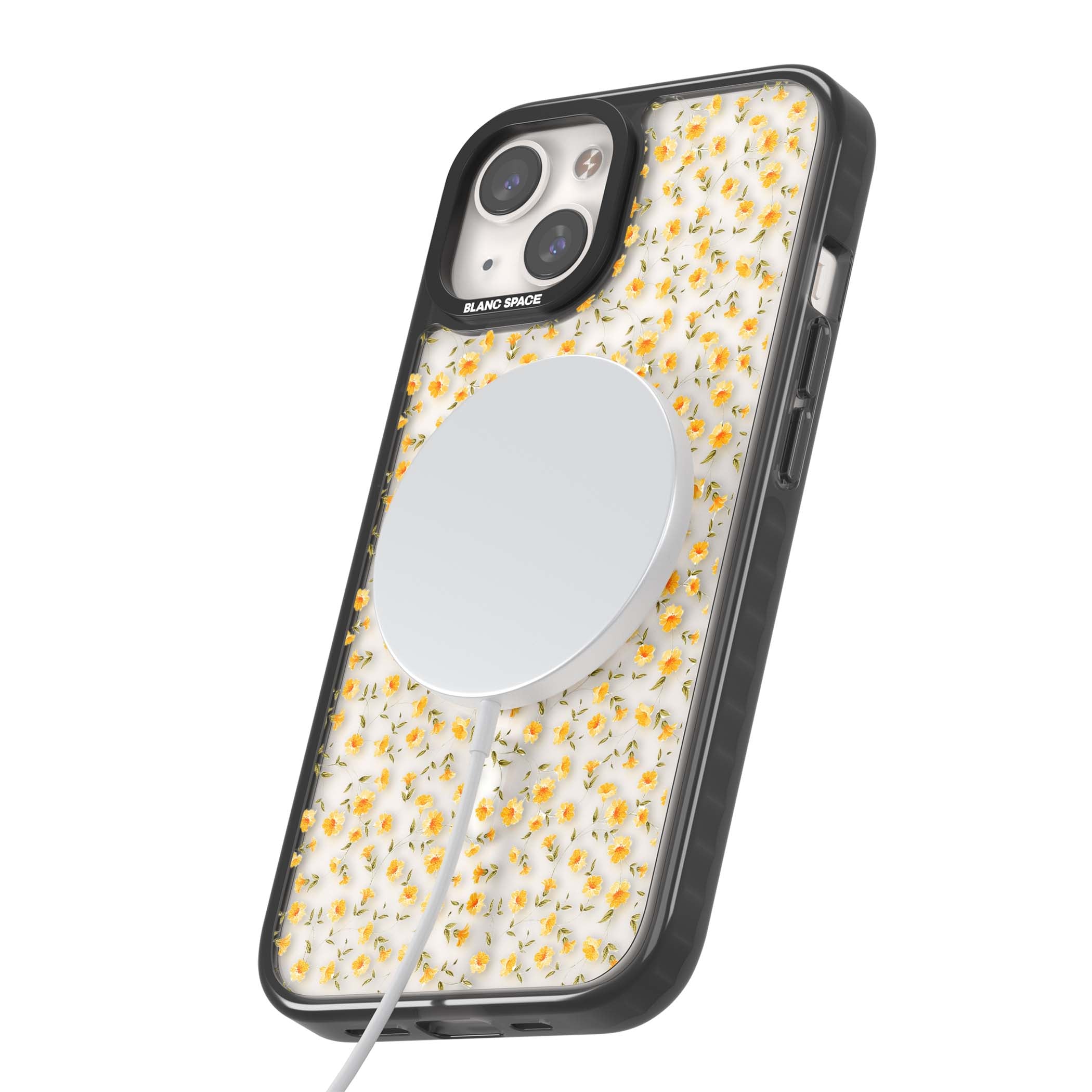 Buttercup wildflower iPhone case featuring tiny yellow flowers and trailing green vines on clear | Black Impact Magsafe case for iPhone 13, iPhone 14, iPhone 15