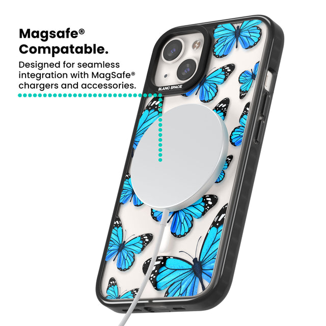 Blue Butterflies Magsafe Black Impact Phone Case for iPhone 13, iPhone 14, iPhone 15