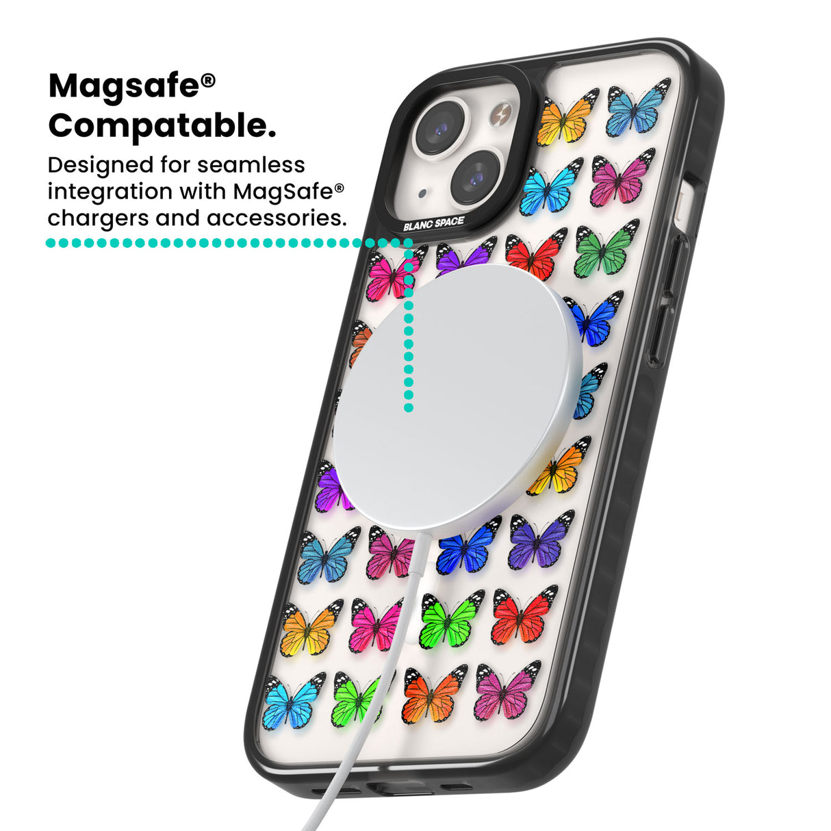 Colourful Butterfly Pattern Magsafe Black Impact Phone Case for iPhone 13, iPhone 14, iPhone 15