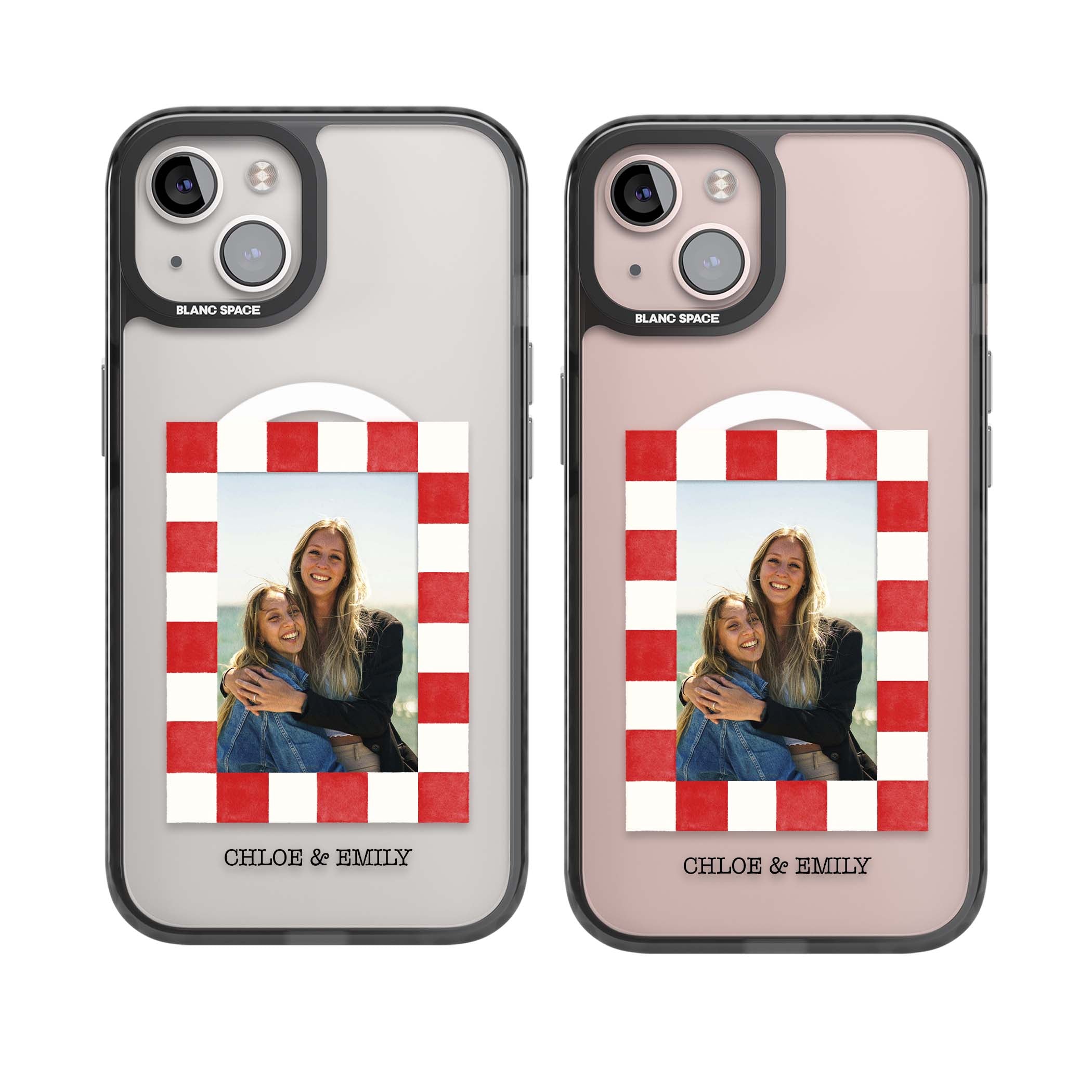 Red Check Photo personalised photo iPhone case with red and white checkered polaroid frame and custom couple name | Black Impact Magsafe case for iPhone 13, iPhone 14, iPhone 15