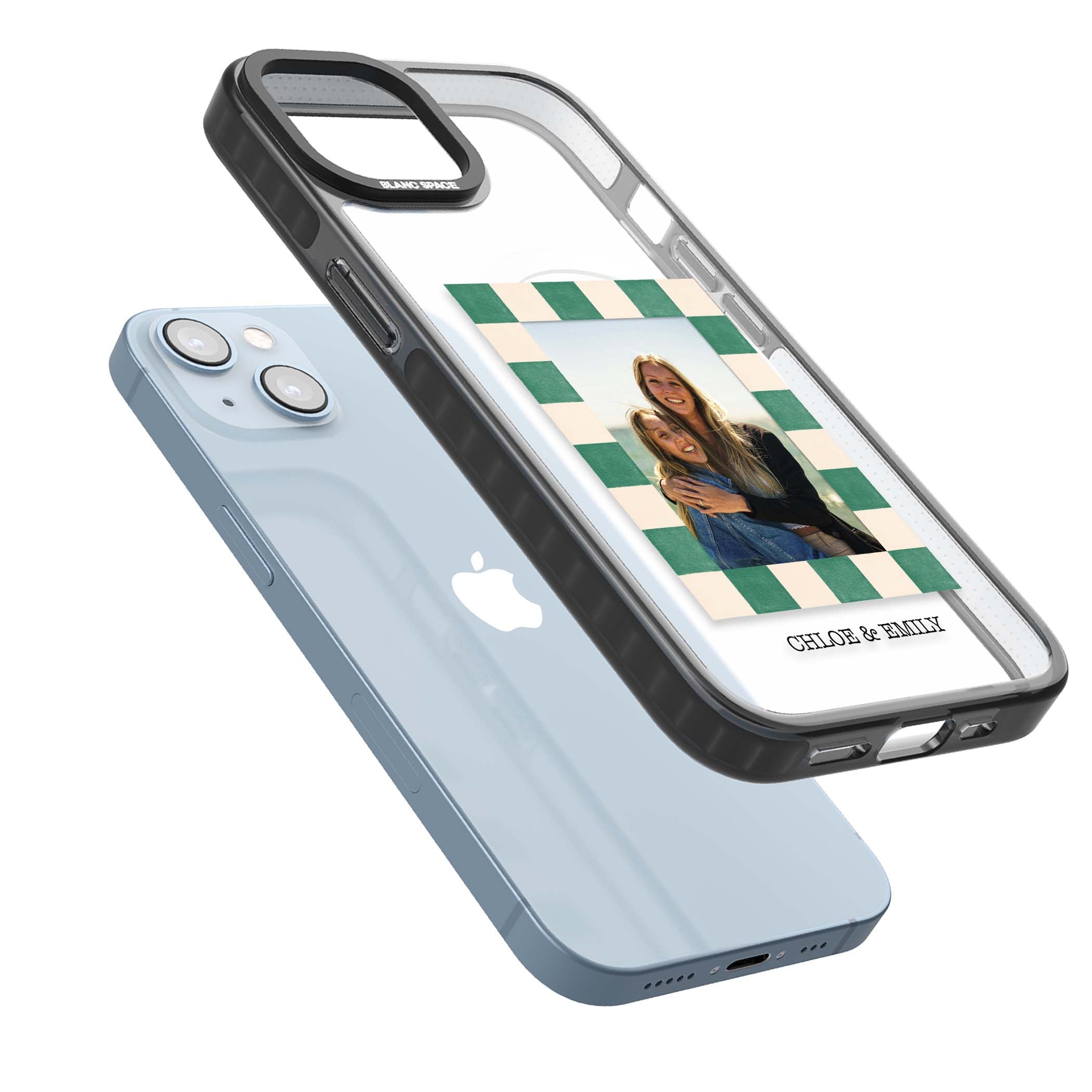 Seafoam Check Photo personalised iPhone case featuring a custom polaroid photo, green and cream checkered frame, and custom n | Black Impact Magsafe case for iPhone 13, iPhone 14, iPhone 15