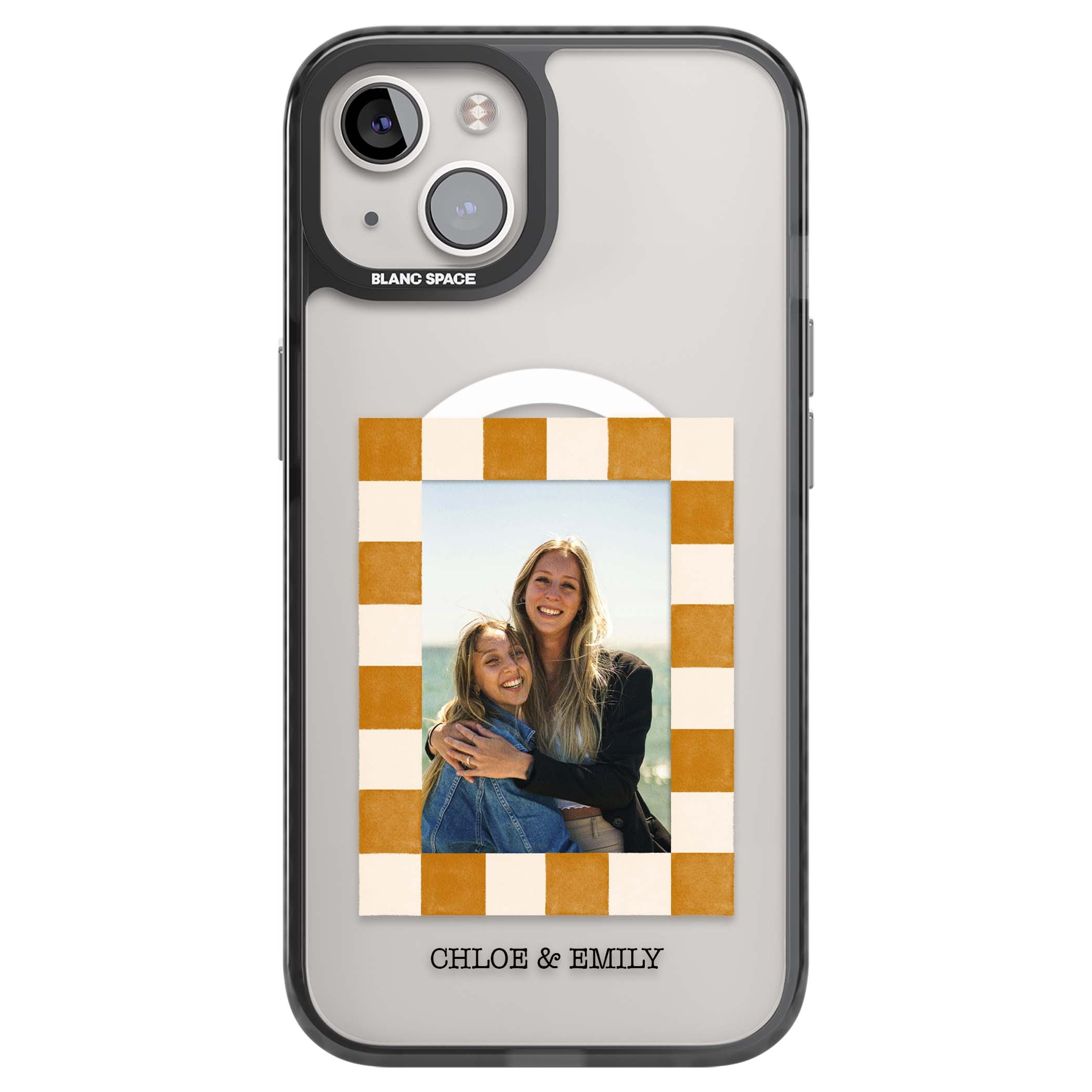 Citrus Check Photo personalised iPhone case with custom photo, orange checkered frame and names underneath | Black Impact Magsafe case for iPhone 13, iPhone 14, iPhone 15